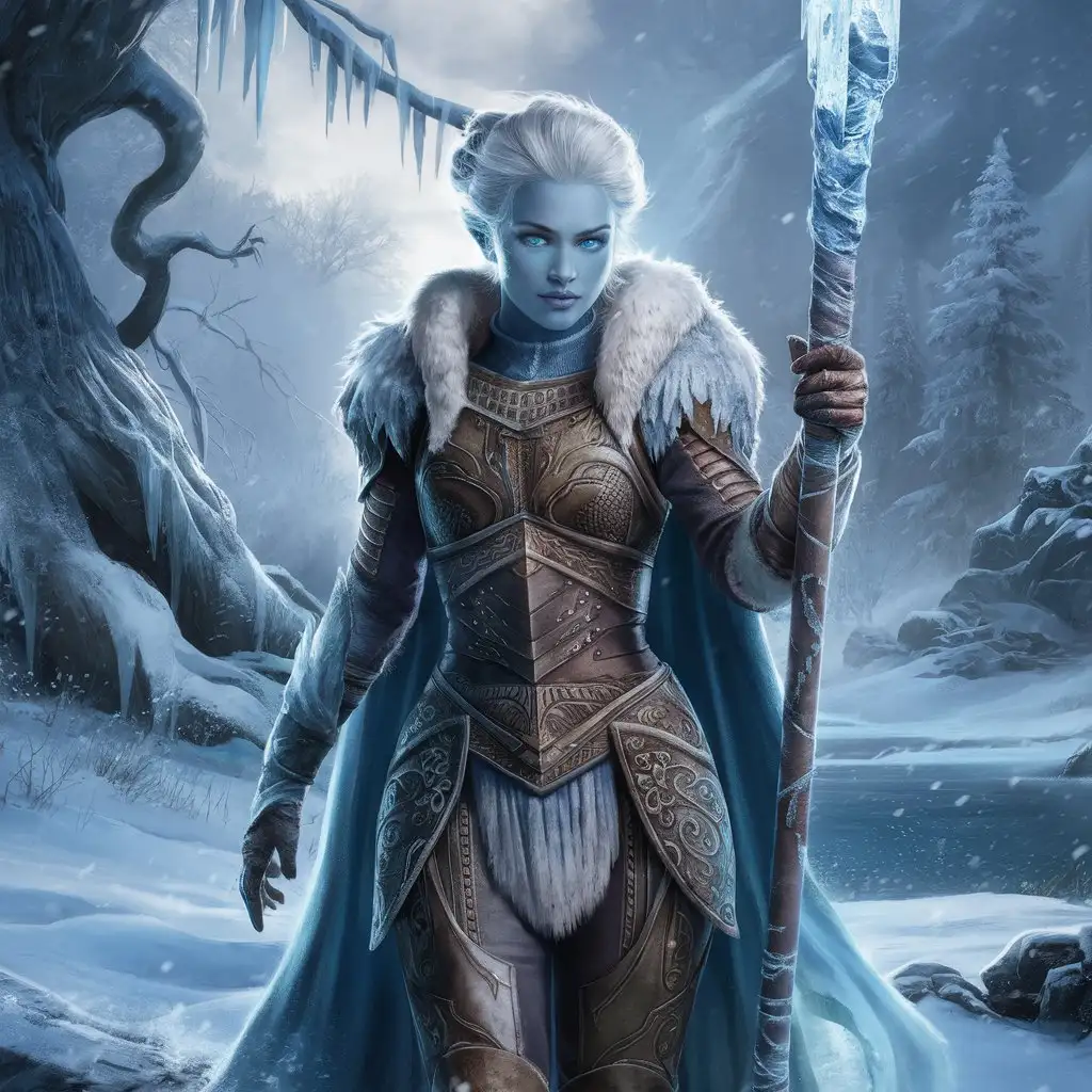 dnd female ice druid with white hair and blue skin wearing full leather armor holding a quarterstaff