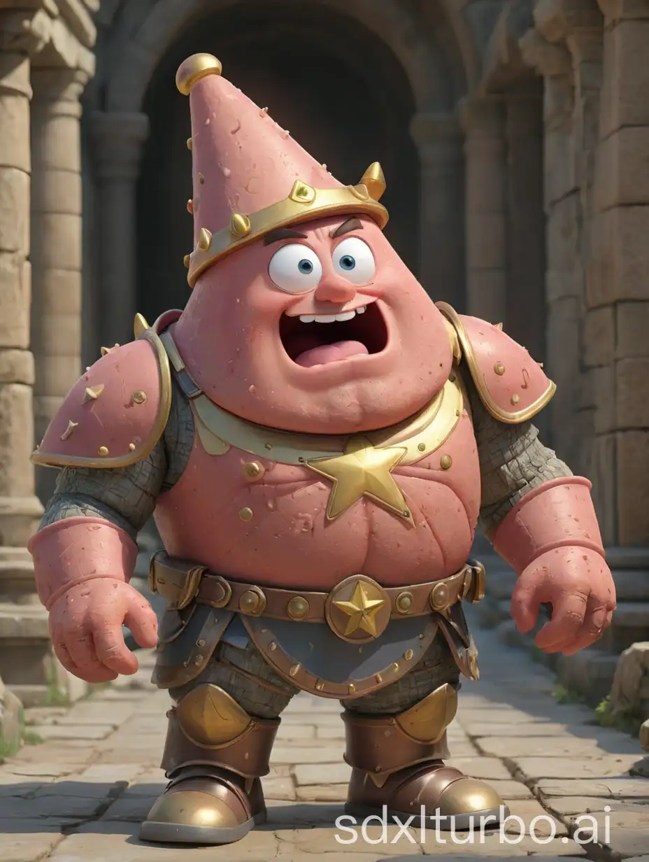 Patrick Star with a 3D effect wearing ancient armor