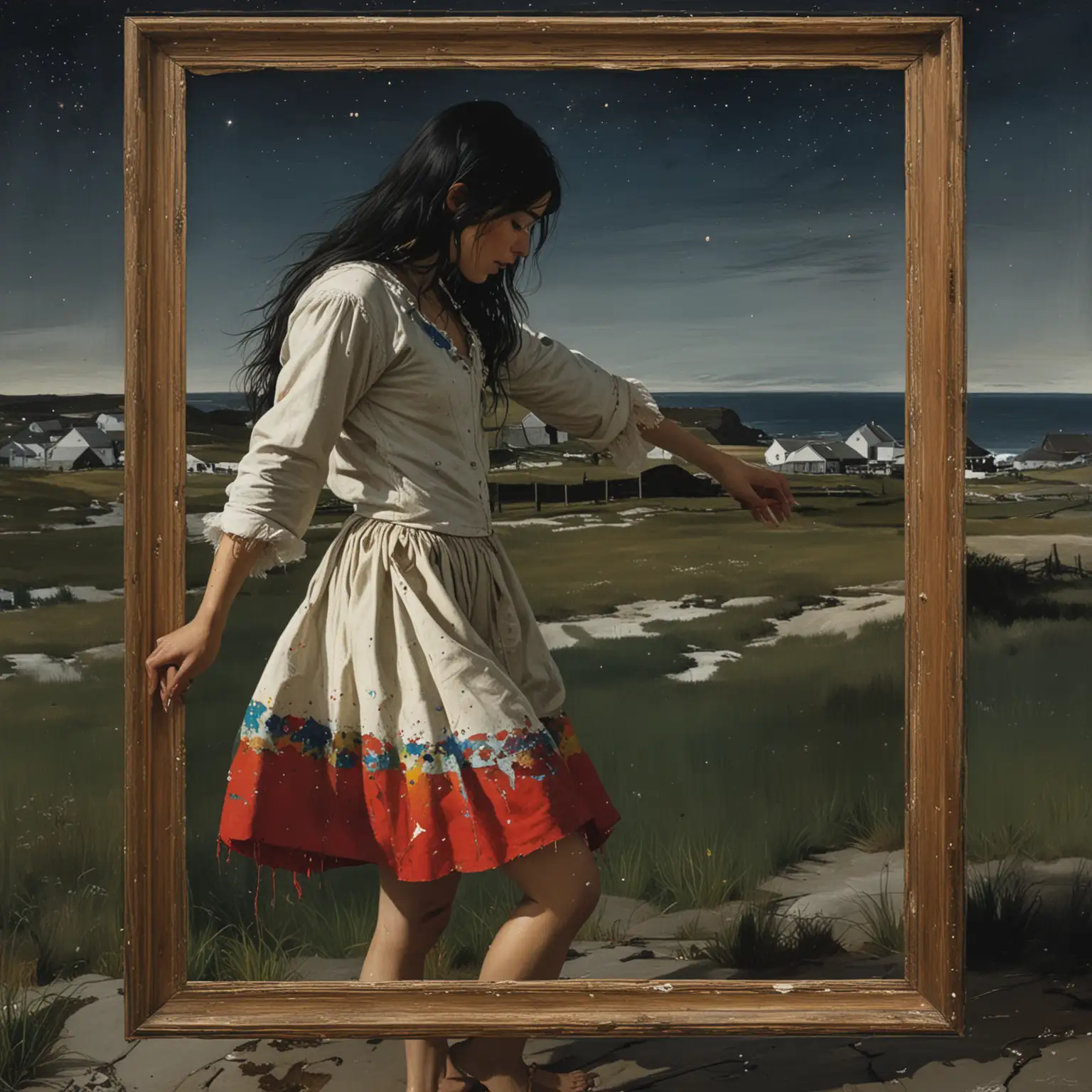 Painting by Andrew Wyeth, bird's eye view, side profile view, in a wooden frame, a young eskimo woman, with long black hair and bangs, in a vivid colorful many-colored mid-thigh skirt, with paint dripping off her skirt onto her legs and blouse and the frame, dancing, at night under the stars, on a farm nearby the coast of oregon