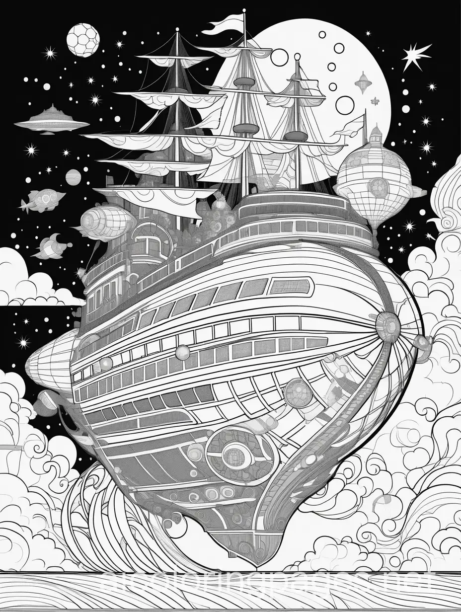 Treasure Planet galactic rocket powered pirate ship airship with gears and crystals flying through outer space around flying fantasy sea creatures, Coloring Page, black and white, line art, white background, Simplicity, Ample White Space