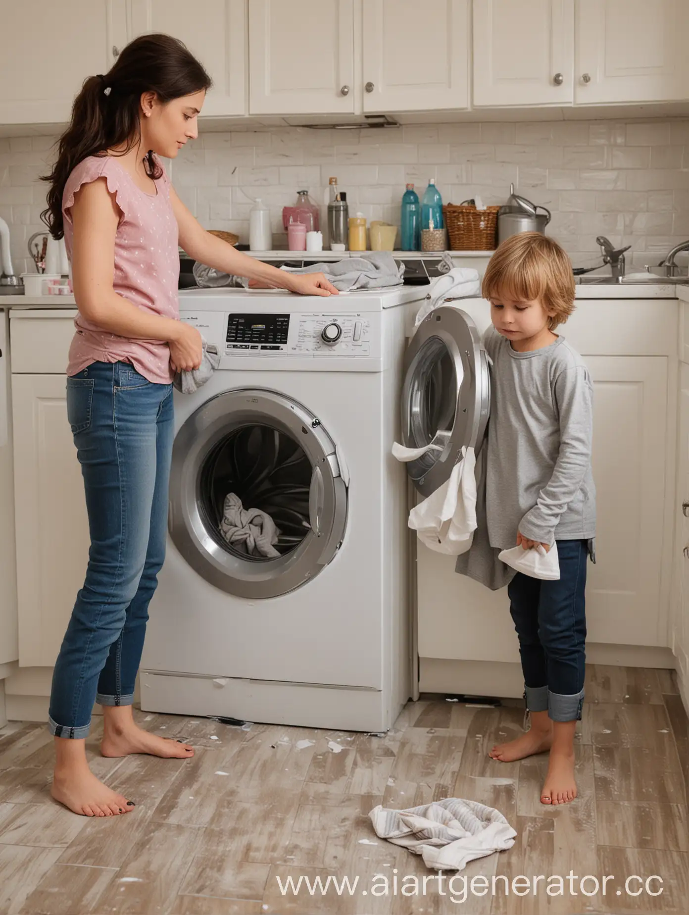 Ребенок кладет вещи в стиральную машину а мама наблюдает