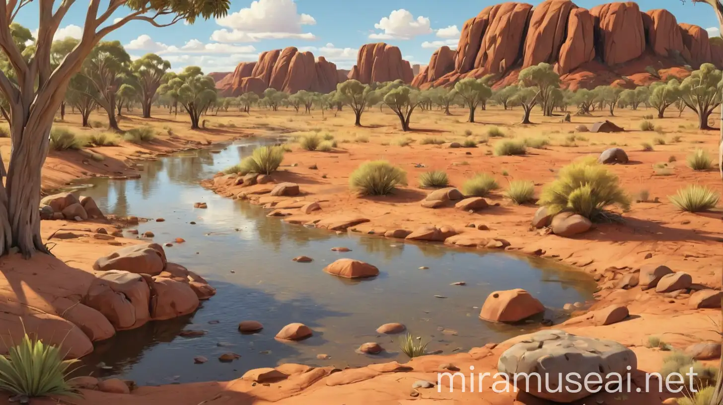 3D cartoon, australian Outback, sunny day