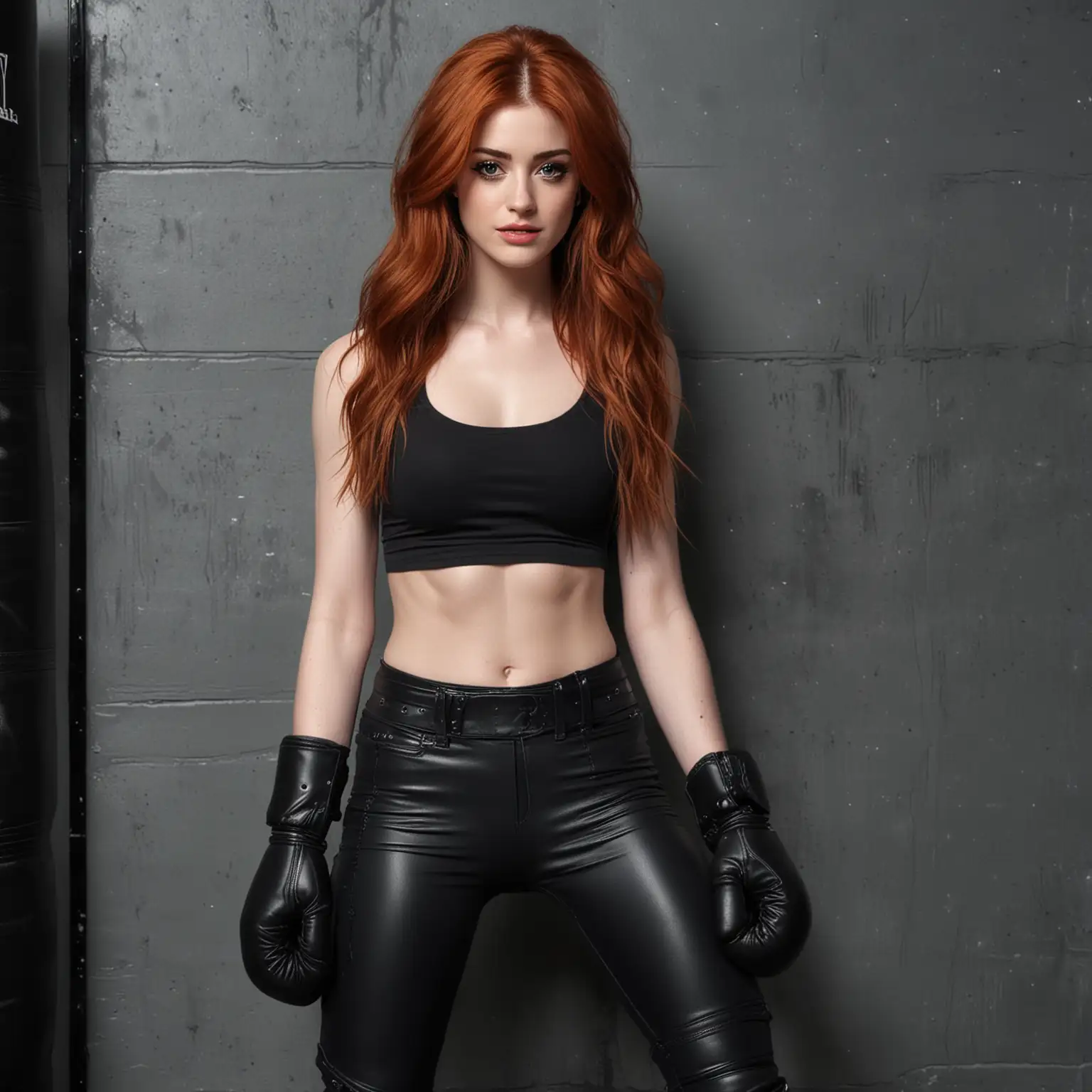 Katherine McNamara wearing a midriff bearing black top showing off her long slender ripped abs and black panties with black boxing gloves and black boots, long hair, (gym wall), dslr, hyperrealistic