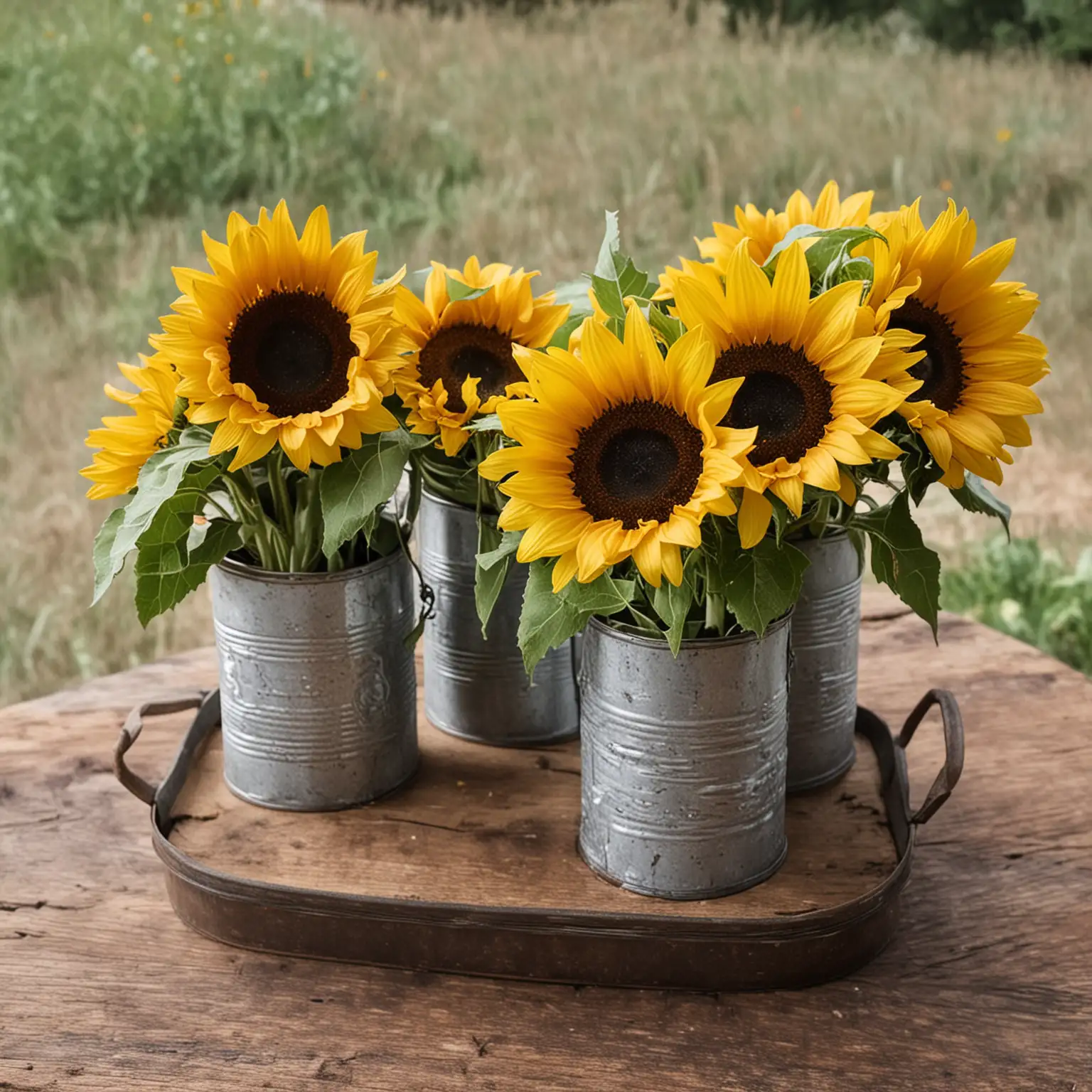 a small and simple rustic centerpiece with sunflowers in rustic tin can vases