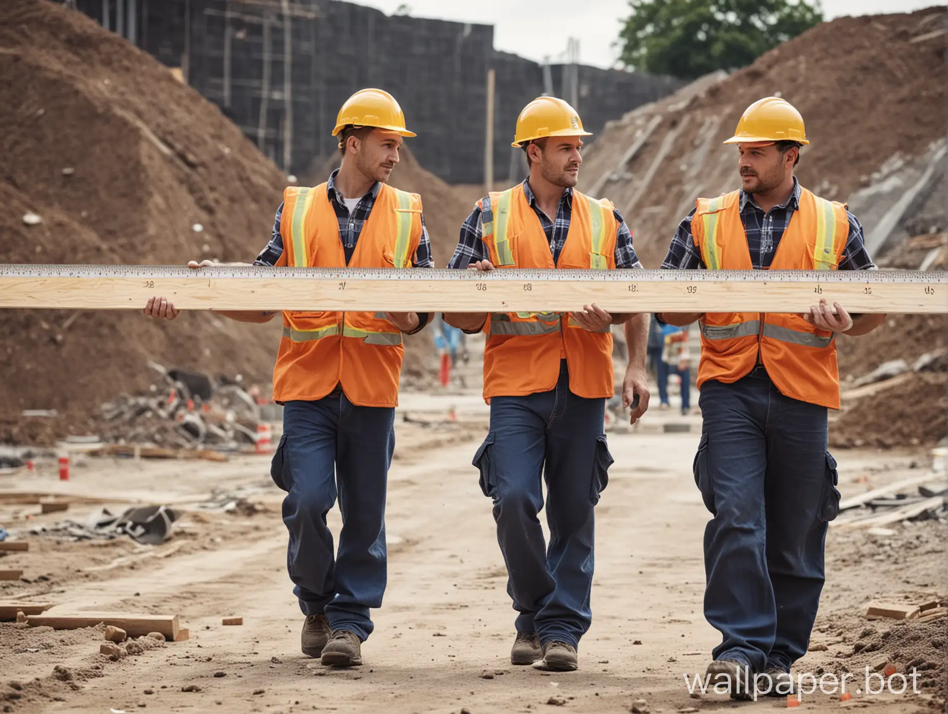 two construction workers carrying a big ruler