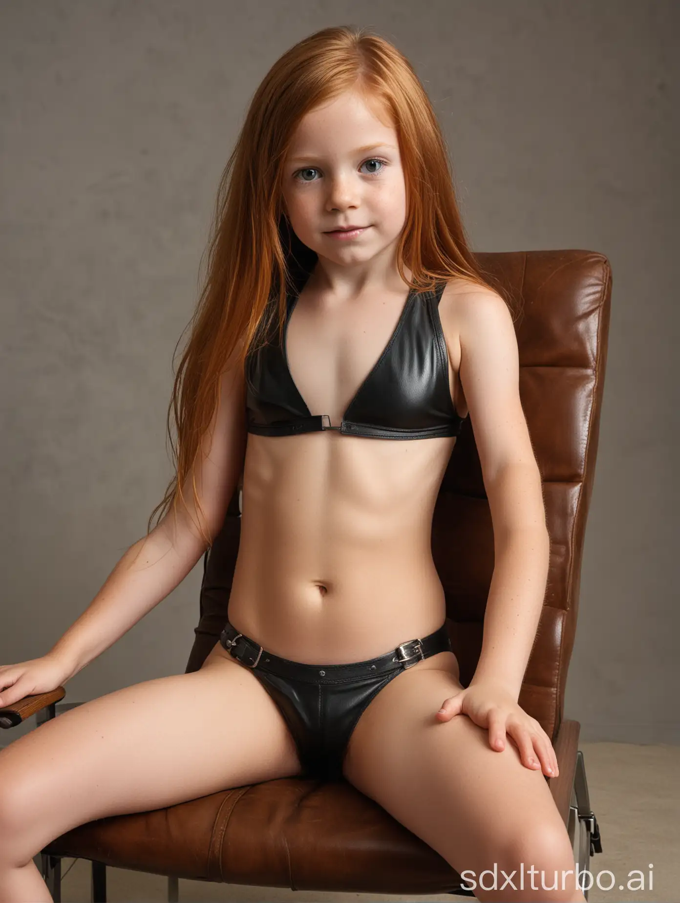 7 years old girl, long ginger hair, flat chested, extra muscular abs, show belly, topless leather bikini, seated to a chair