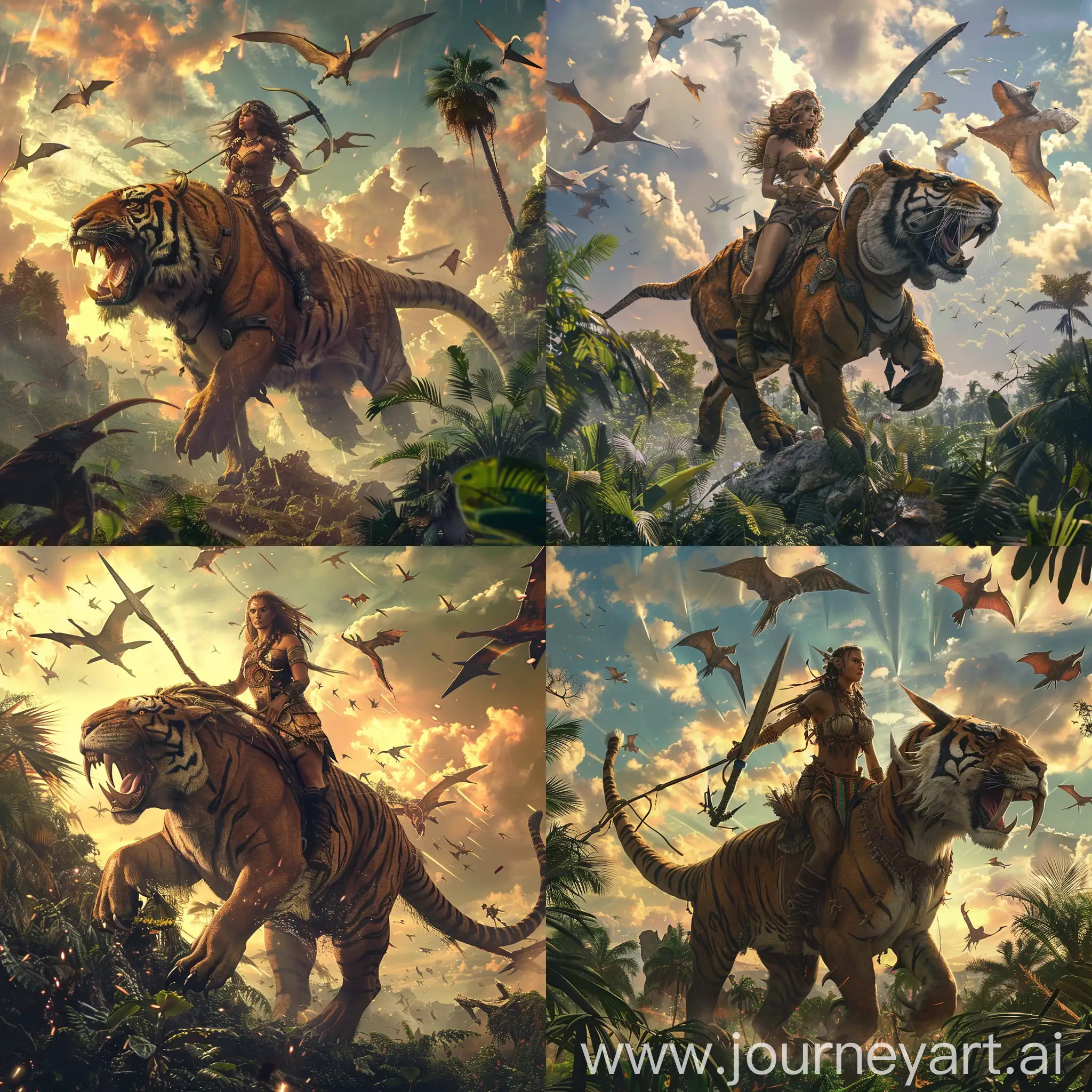 Fantasy-Female-Warrior-Riding-Saber-Tooth-Tiger-in-Lush-Jungle