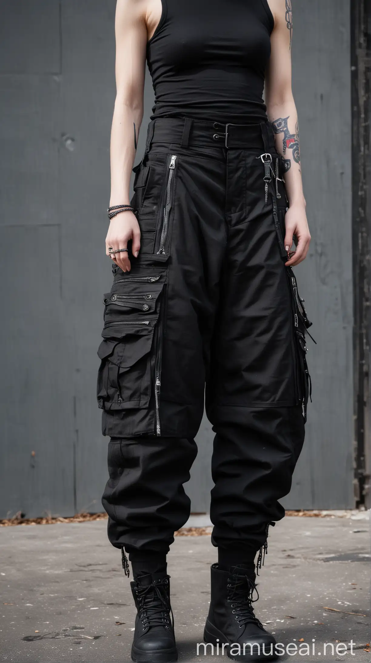 a close up of a pair of black cargo pants with zippers, cargo pants. cyberpunk city, cargo pants, baggy black pants, wide leg hakama trousers, goth punk clothes, covert military pants, military pants, acronym p31-ds pants, steelpunk, wearing cargo pants, rick owens, high waist sweatpants, cybergoth, many zippers