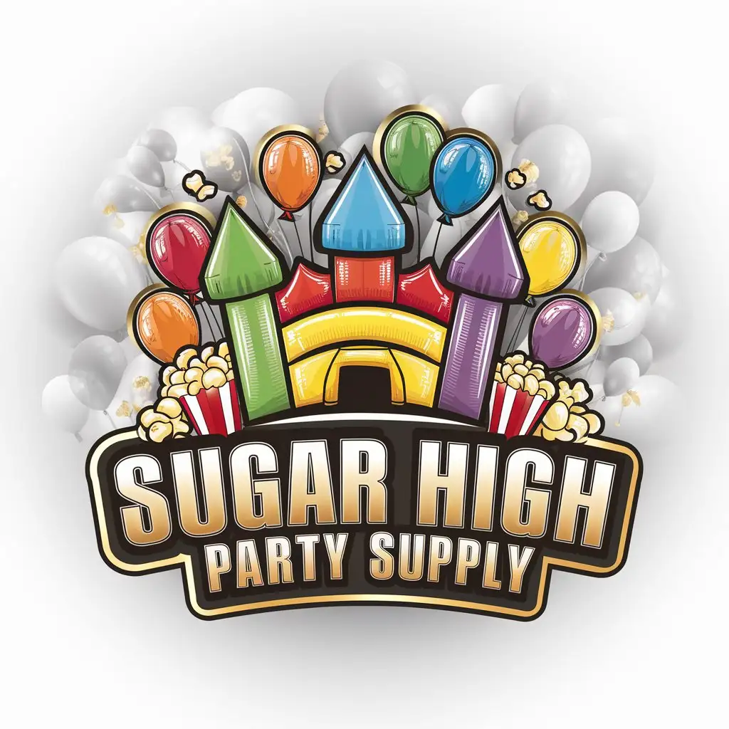 LOGO-Design-for-Sugar-High-Party-Supply-Vibrant-Bouncy-Castle-with-Balloons-and-Popcorn