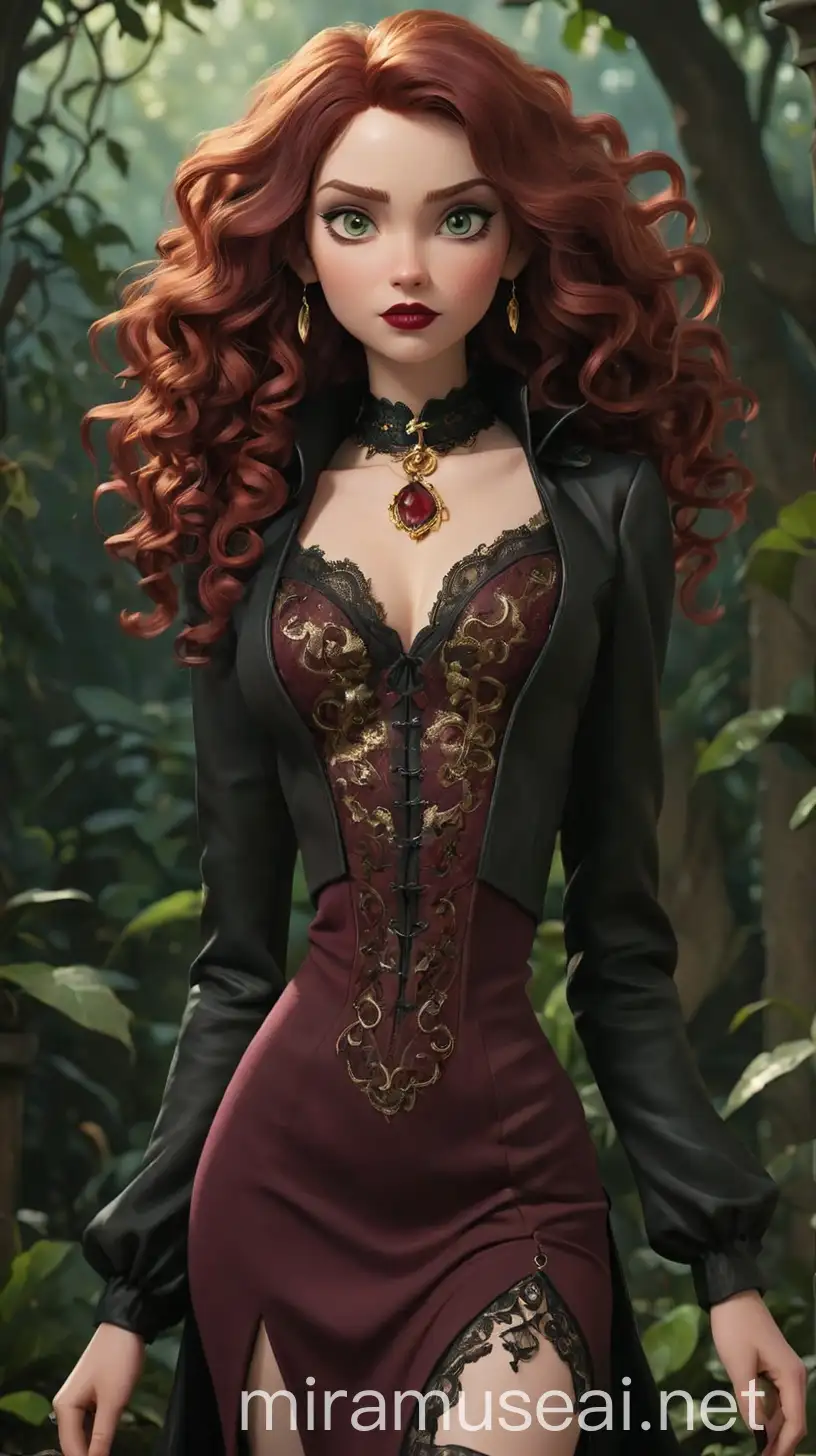 Meet Ginger Gothel, the enigmatic teenage daughter of Mother Gothel, whose presence captivates with dark glamour. She has long, wavy raven-black hair styled in loose waves or elaborate curls reminiscent of vintage Hollywood starlets. Her piercing emerald green eyes are framed by thick, dark lashes, and her porcelain complexion with a natural blush adds to her ethereal yet formidable presence. Ginger’s style blends dark Y2K, theatre academia, vintage Hollywood, gothic glam, dark nymphet, femme fatale, and Renaissance vibes. She wears a form-fitting, deep burgundy velvet dress with a plunging neckline and black lace detailing. The dress is floor-length with a dramatic slit, revealing black lace stockings. Over it, she dons a black leather jacket with gold accents and ornate embroidery, adding an edgy touch. Her accessories include a black velvet choker with a crimson rose pendant, gold hoop earrings with dangling rubies, and a collection of black and gold rings with dark gemstones. She completes her outfit with black lace-up ankle boots, blending practicality with gothic elegance. Ginger's makeup features deep burgundy lipstick, smoky black eyeshadow, and a hint of gold highlighter, with glossy black nails enhancing her dark and glamorous aesthetic. To complete her look, Ginger carries a small black velvet clutch with gold embroidery. Her style is a captivating mix of dark elegance and theatrical flair, making her a mesmerizing figure who commands attention. Whether performing on stage, attending events, or wandering through a moonlit garden, Ginger’s presence is spellbinding and unforgettable. 