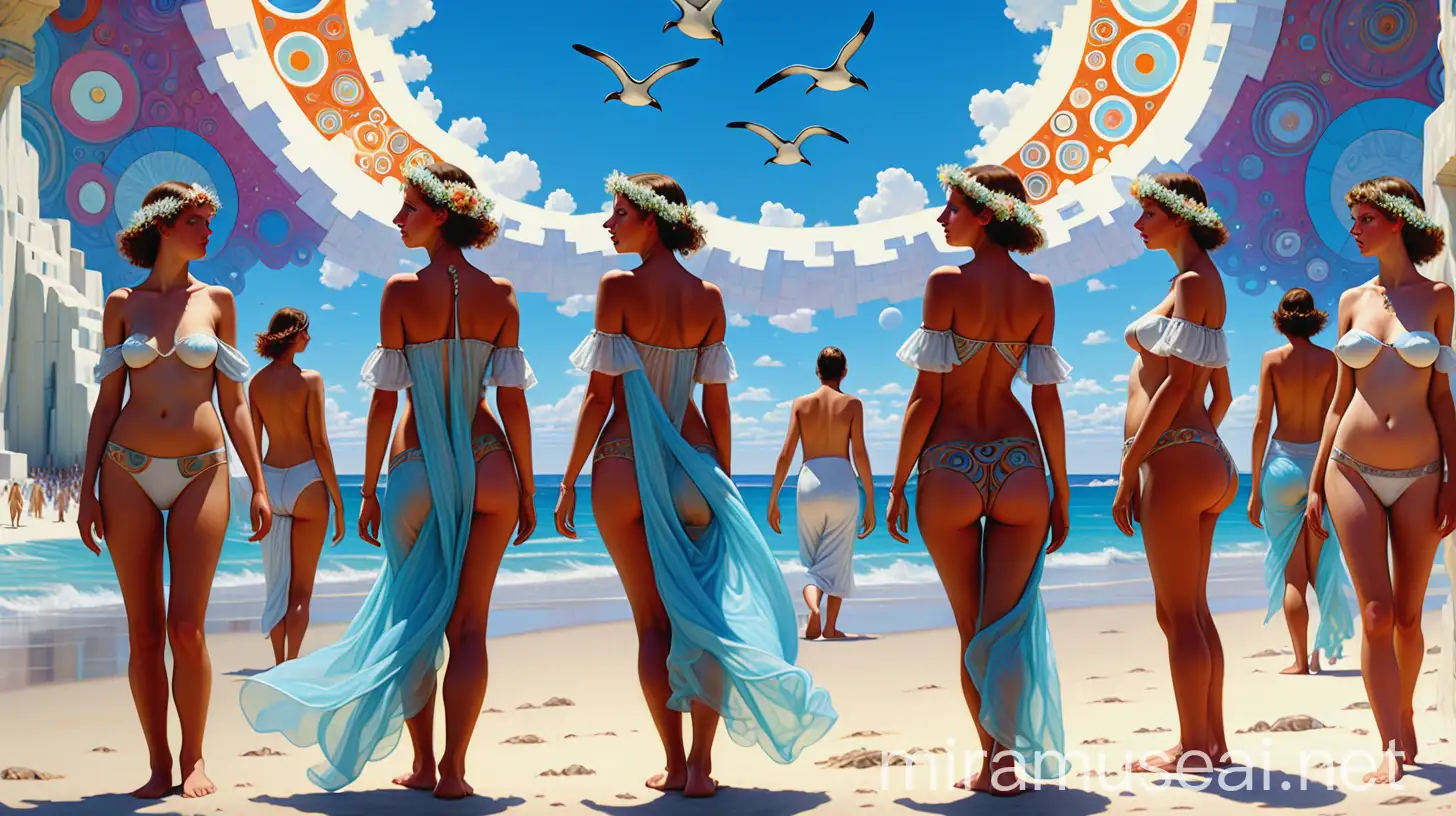 Make the beautiful ladies in this picture more realistic, warmer personalities, with gentle faces, and nicely tanned, in the style of alma-tadema, at a crowded sunny beach, trippy, vibrant colours, sacred-geometry fractals, in the far background penguins can be seen, fantastical elements,  the sky is of a sky blue, with some fluffy white fractal clouds, 8k
