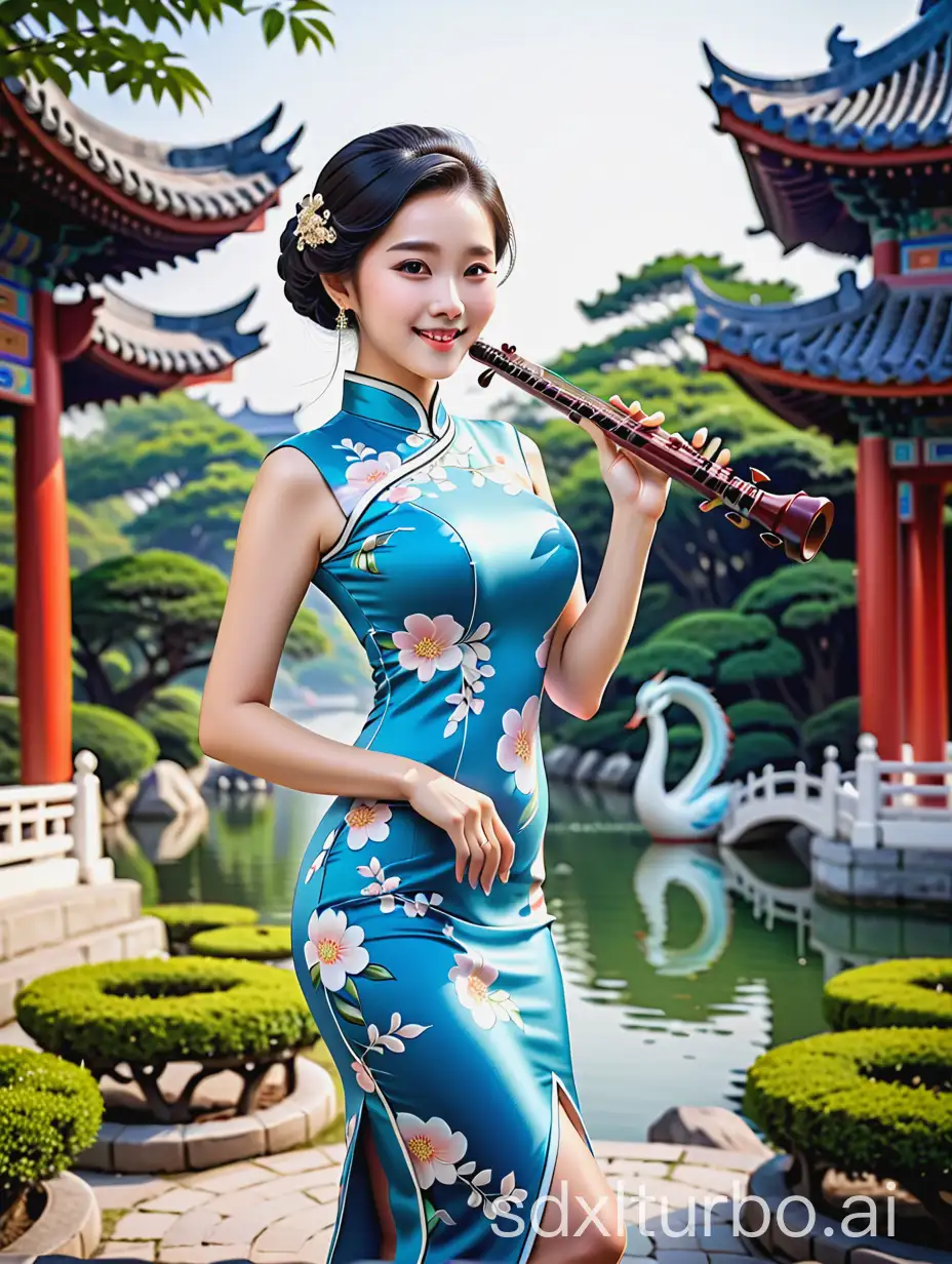 Chinese woman, surreal, 4D comics, 30 years old, smiling face, large head, very small body, fair skin, hair coiled up, wearing a blue-patterned cheongsam, white high heels, woman playing a Chinese instrument, yangqin, Suzhou garden background, 3D rendering photos, photographic portrait. The photo is delicate, with deep colors.