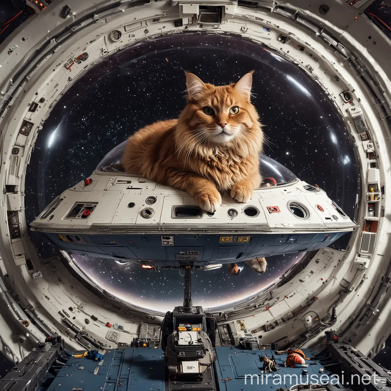 Enormous Cat Exploring a Spaceship Interior