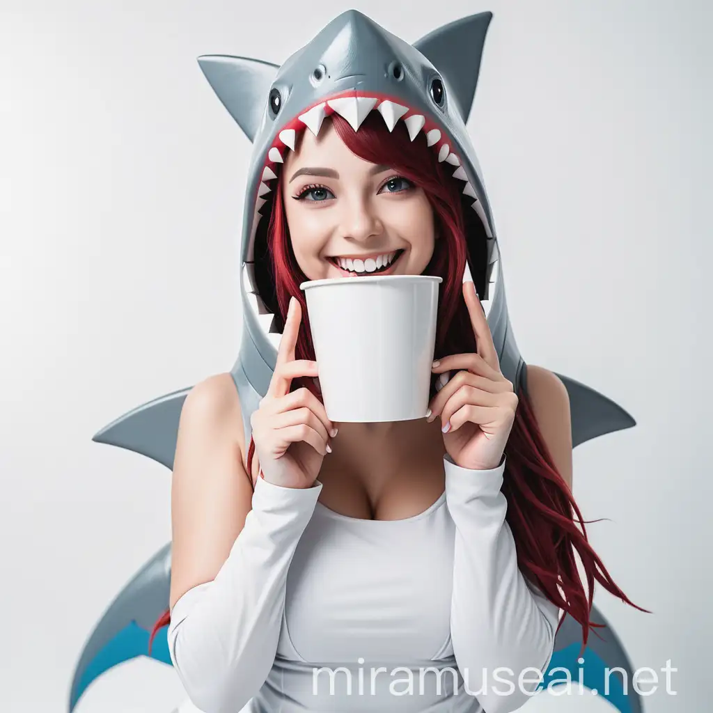 Красивая девушка косплей акула улыбается с квадратной белой кружкой на белом фоне