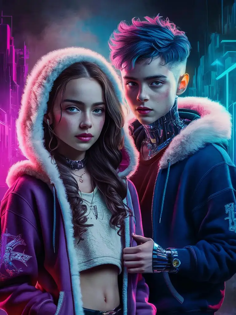 hyperrealism, siren teenager couple, hugging, fluffy fur-trim-hoodie, choker, raver, fluffy-fleece-undershirt, hot, raver, raw image, joey king, badass filters and effects, character portrait by Adam Marczyński, a teen cyberpunk cyborg, still from alita, juno promotional image, an edgy teen assassin, neonpunk