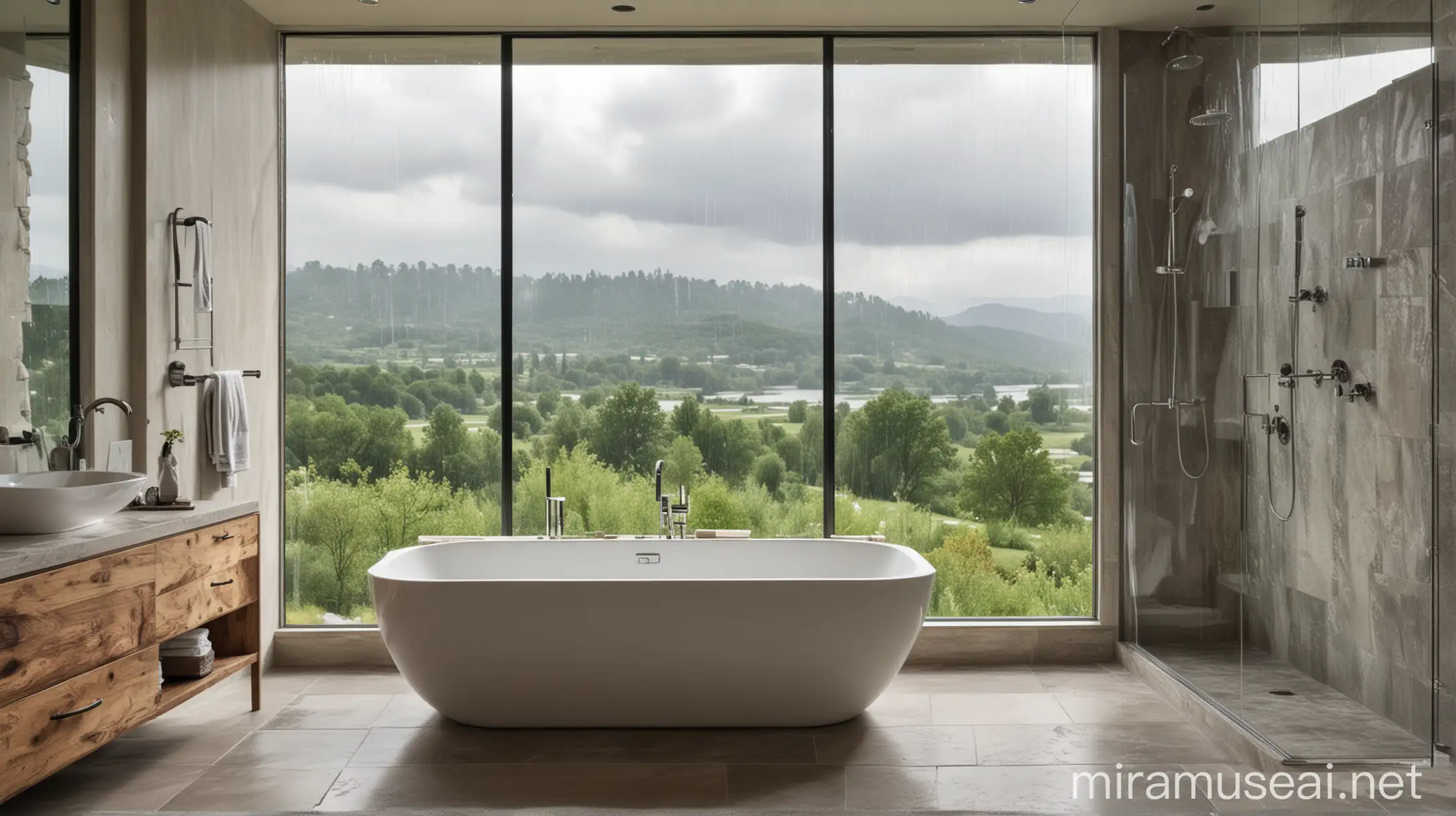 A bathroom with a large, floor-to-ceiling window overlooking a scenic view. The bathroom features a freestanding bathtub and a shower with a rain showerhead.
