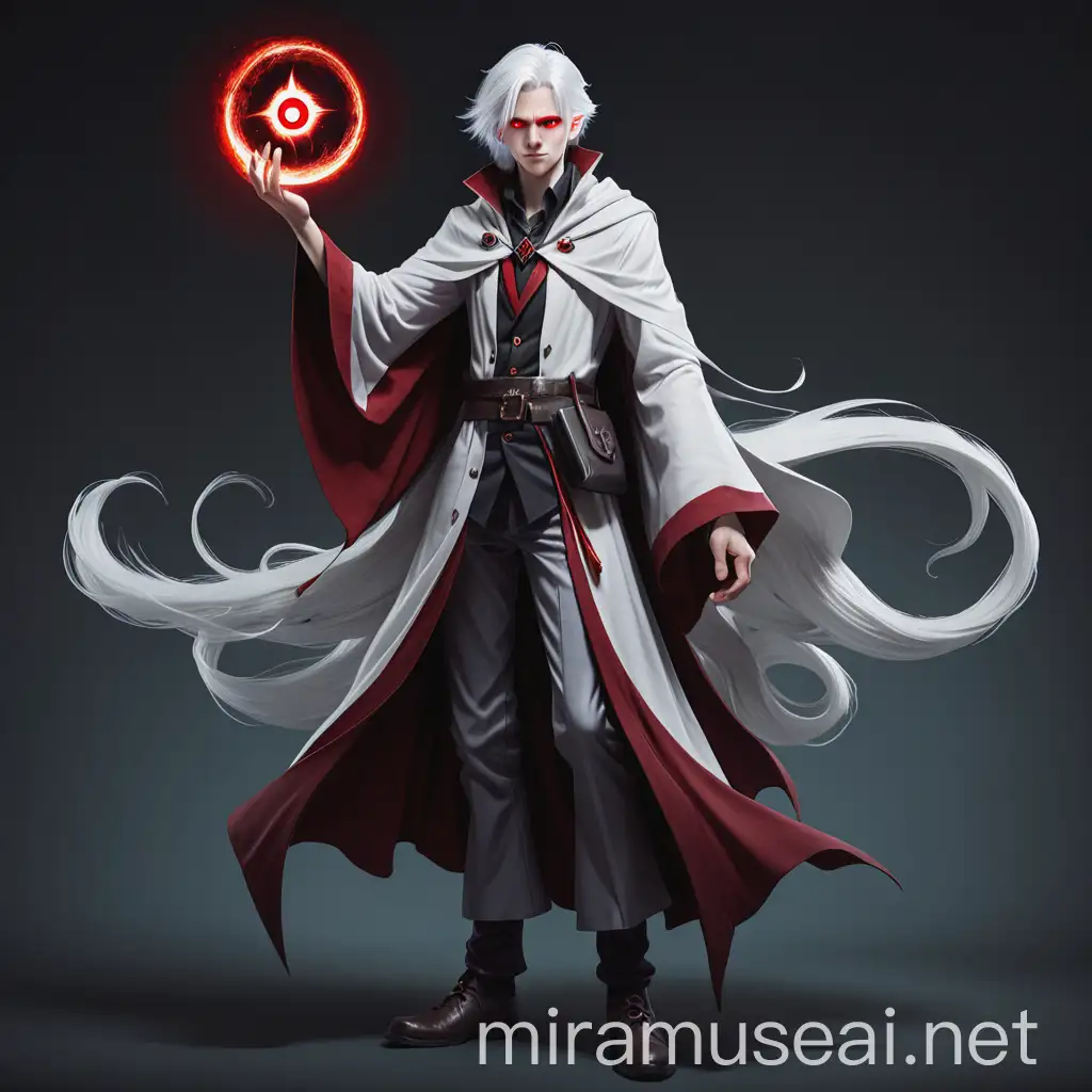 Kind Young Wizard with White Hair and Red Eyes