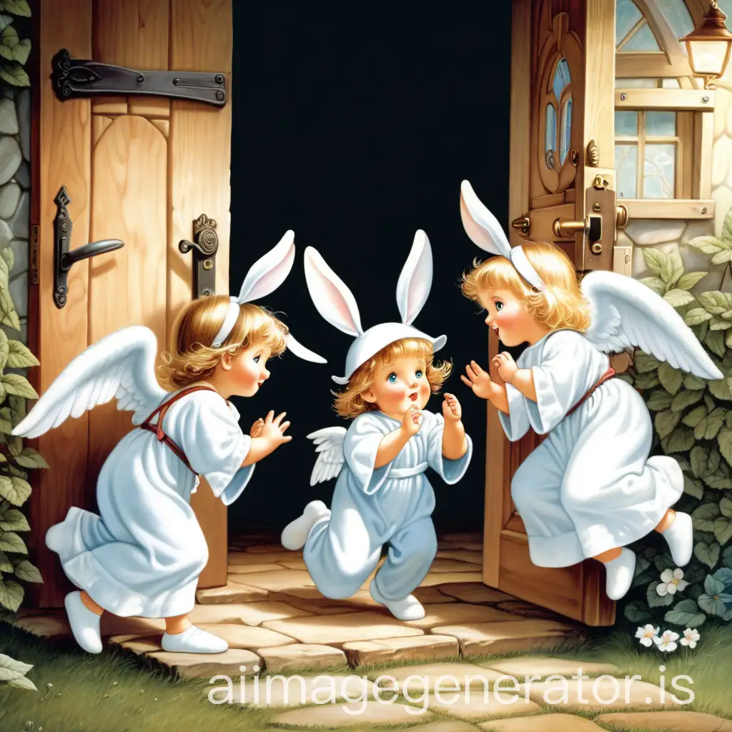 three little angels came to the door of the little rabbit's house, they are knocking
