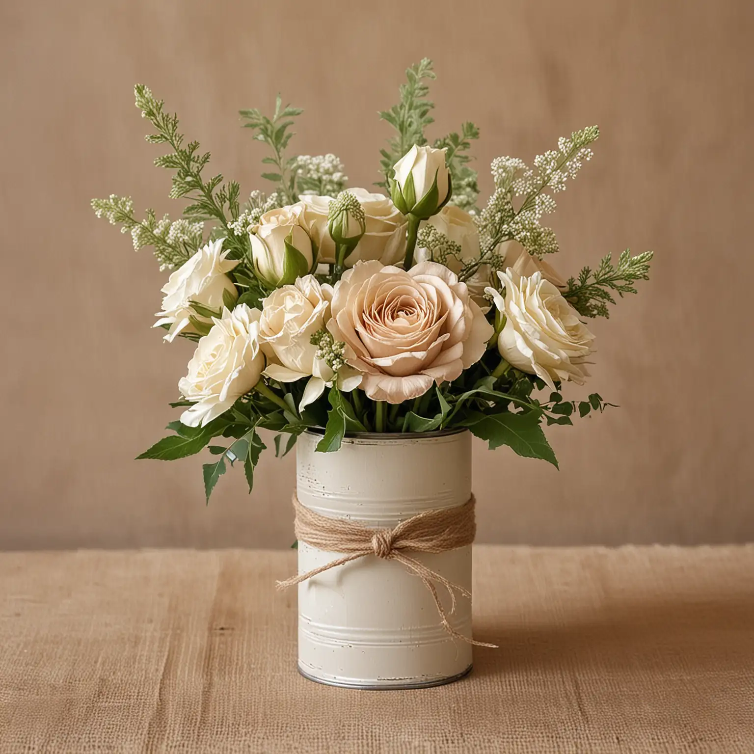simple rustic tin can vase wedding centerpiece painted in shades of beige and holding rustic neutral bouquet; keep background neutral