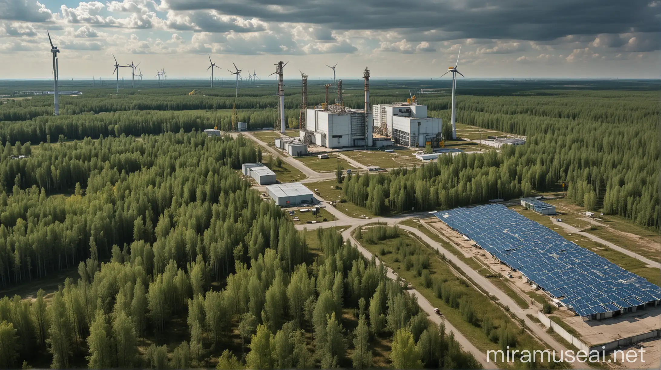 A imagem retrata a zona de exclusão de Chernobyl em um cenário que combina elementos de avanços científicos e renovação ambiental. No centro da imagem, vemos um laboratório de pesquisa moderno e futurista, onde cientistas e pesquisadores trabalham diligentemente em projetos para entender os efeitos da radiação na vida selvagem e desenvolver soluções inovadoras para a recuperação ambiental.

Ao redor do laboratório, a paisagem é dominada por uma vegetação exuberante e vibrante, mostrando a resiliência da natureza à adversidade. Espécies de animais silvestres, como lobos, cervos e pássaros, vagueiam livremente pela paisagem, simbolizando a renovação da vida selvagem em Chernobyl.

No céu, painéis solares e turbinas eólicas pontuam a paisagem, representando os esforços para desenvolver fontes de energia renovável na região. Os painéis solares captam a luz do sol enquanto as turbinas eólicas giram suavemente ao vento, demonstrando o potencial de Chernobyl para se tornar um centro de energia limpa e sustentável.

Ao fundo, vemos a icônica usina nuclear de Chernobyl, agora coberta pelo sarcófago de concreto, lembrando os eventos do passado e destacando o contraste entre o antigo e o novo, o passado e o futuro.

A paleta de cores da imagem é dominada por tons de verde, representando a esperança e a renovação, enquanto toques de azul e amarelo simbolizam a ciência e a inovação. O ambiente geral da imagem é de otimismo e progresso, transmitindo a ideia de um futuro promissor para Chernobyl.

Esta imagem única encapsula a essência do tema "O Futuro de Chernobyl", combinando elementos de avanços científicos, renovação ambiental e esperança para uma região que enfrentou grandes desafios.