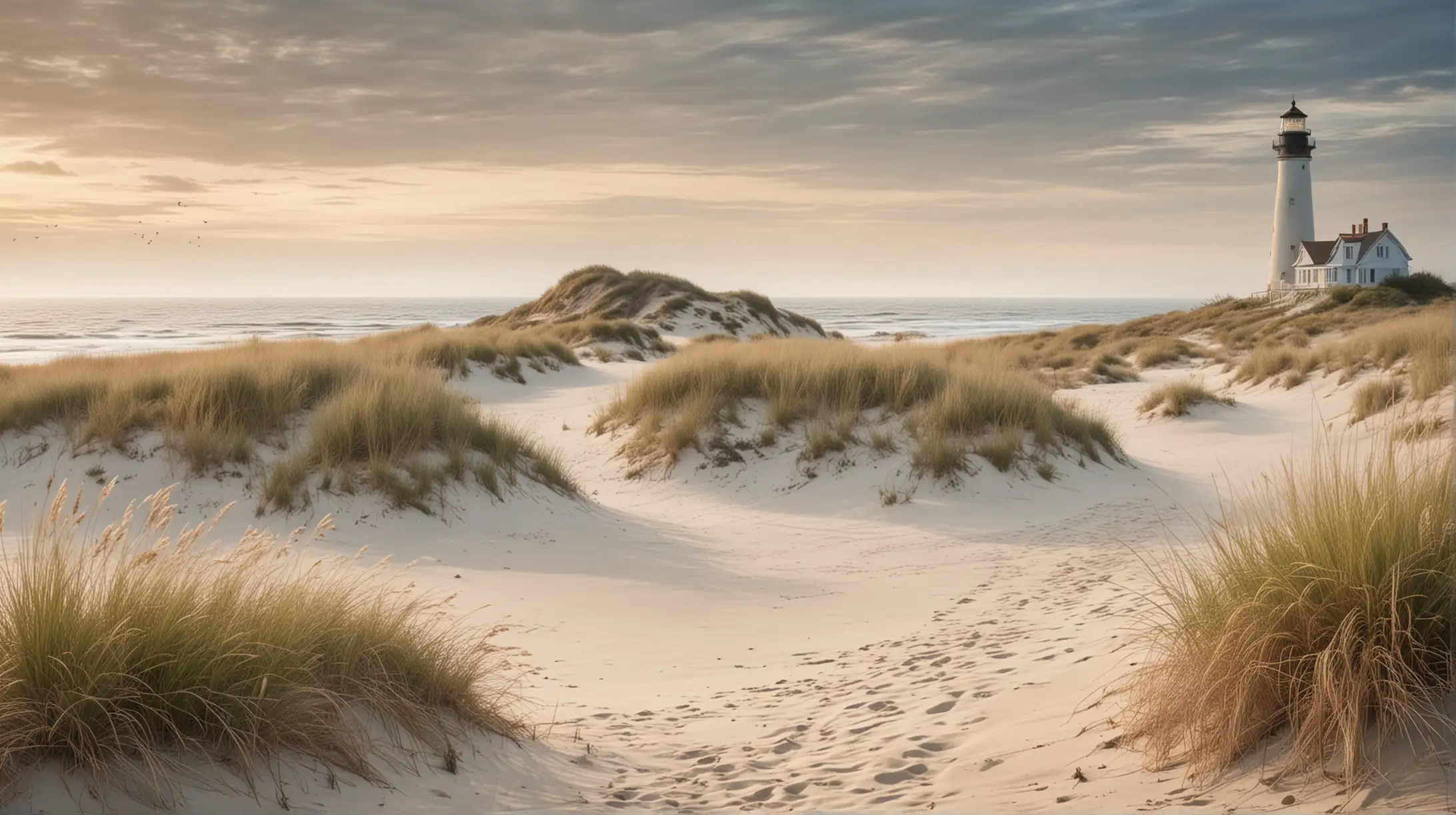 Tranquil Coastal Scene Windswept Sand Dunes and Lighthouse on Misty Horizon