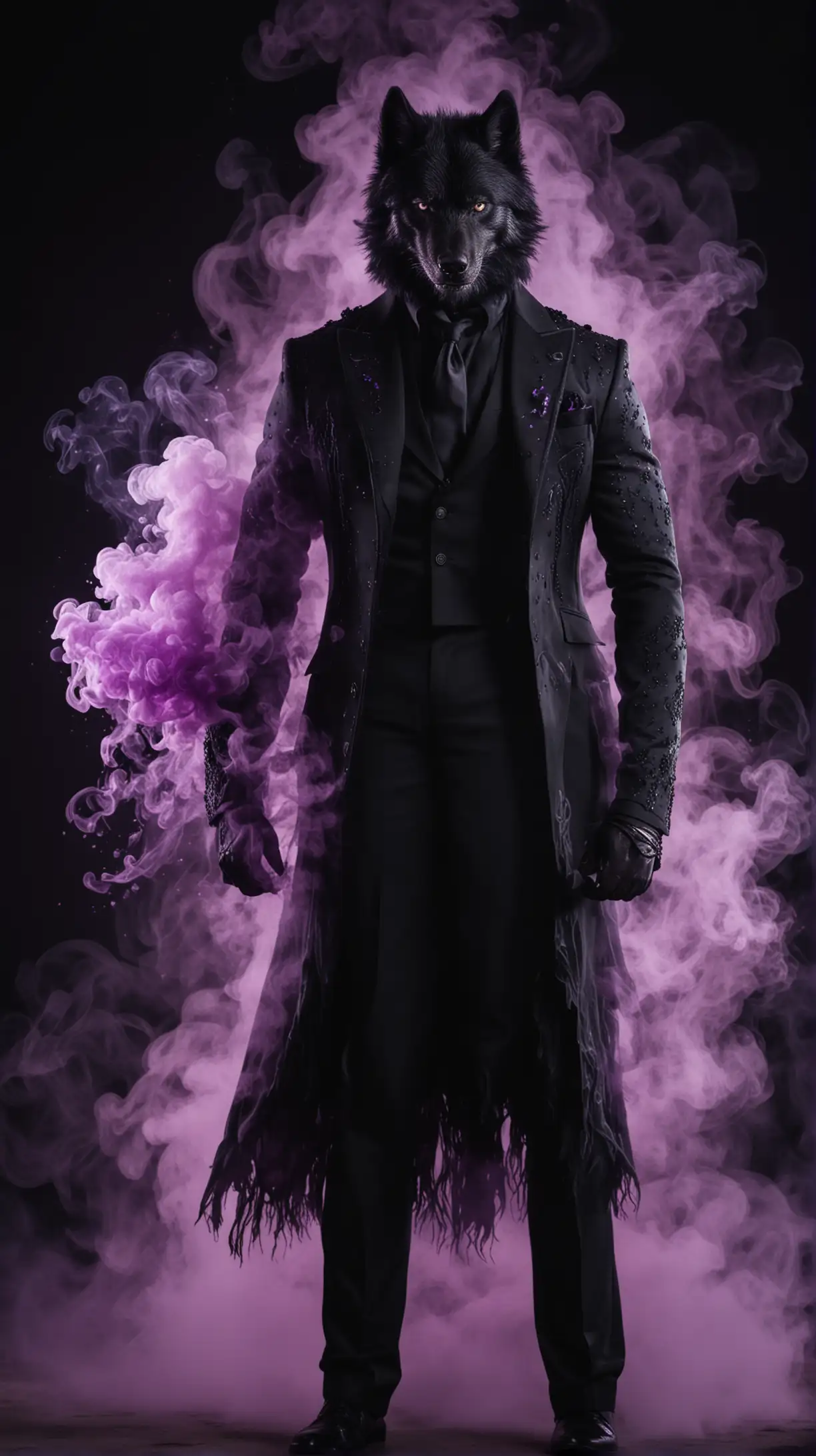 A handsome young muscular man in black royal suit, engulfed with a purple luminous smoke in the dark, with a black wolf standing beside him