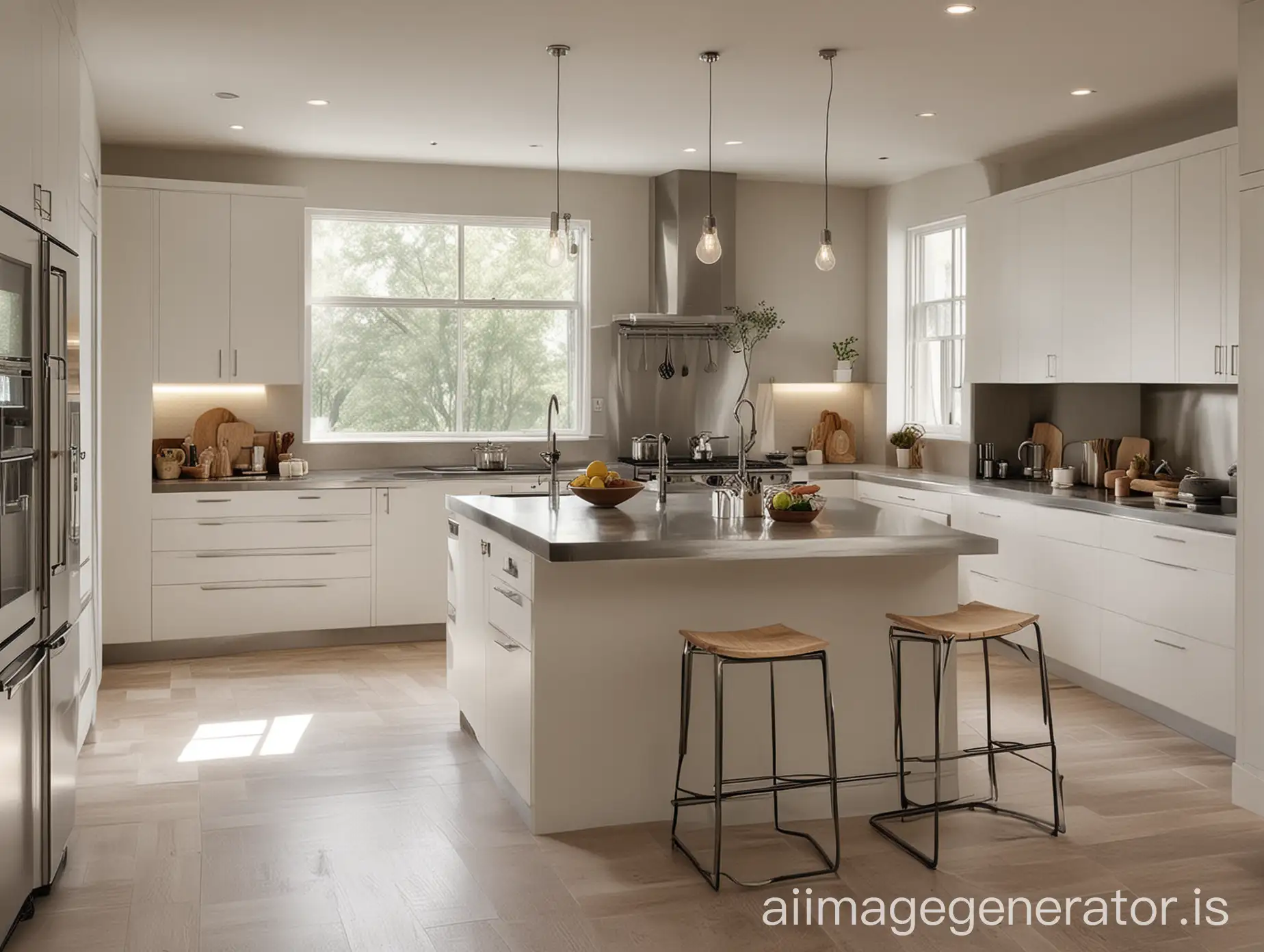 Generate an image of a classic modern minimalist kitchen set interior. The kitchen should have clean lines, simple yet elegant furniture, and a neutral color palette. Incorporate elements such as stainless steel appliances, sleek countertops, minimalistic cabinets, and subtle lighting. The overall ambiance should exude sophistication and functionality while embracing the principles of minimalism