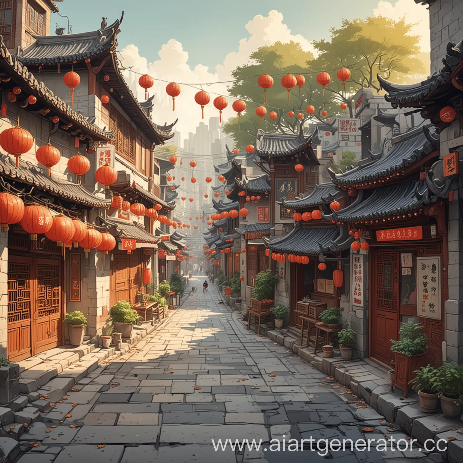 улица в китае нарисованная в мультяшном стиле