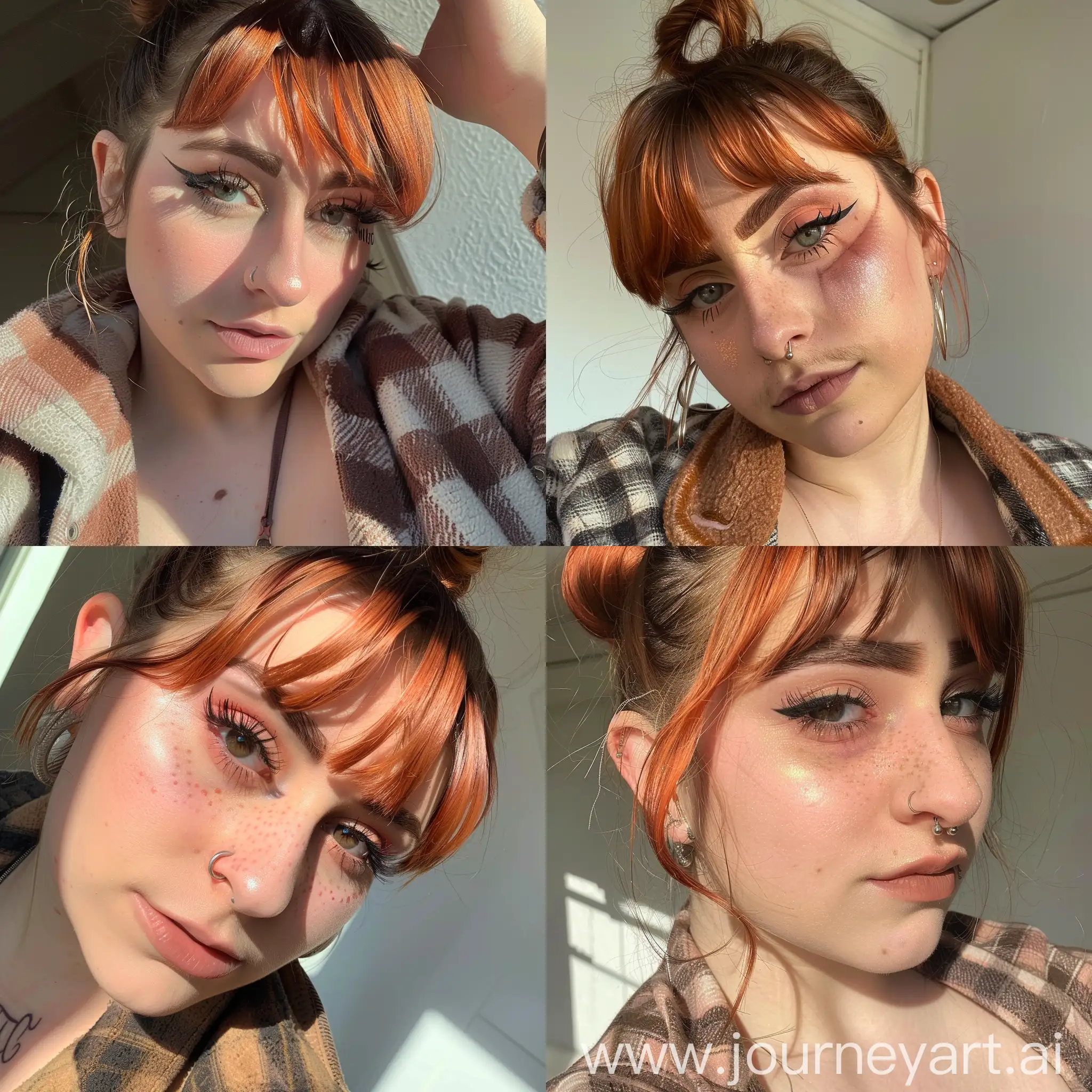 Aesthetic instagram selfie of a super model, bushy eyebrows, warm brown tones