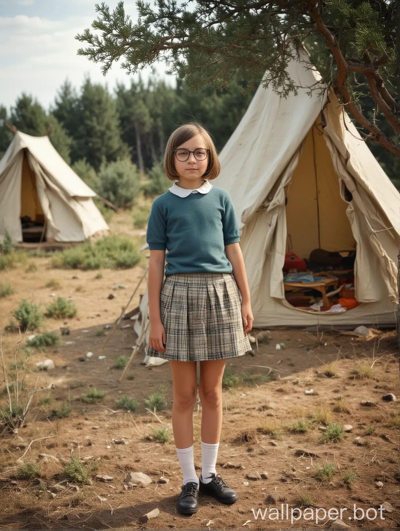 11-year-old girl with a bob, wearing glasses, a short skirt, full height, juniper, oak, tent, people in the distance