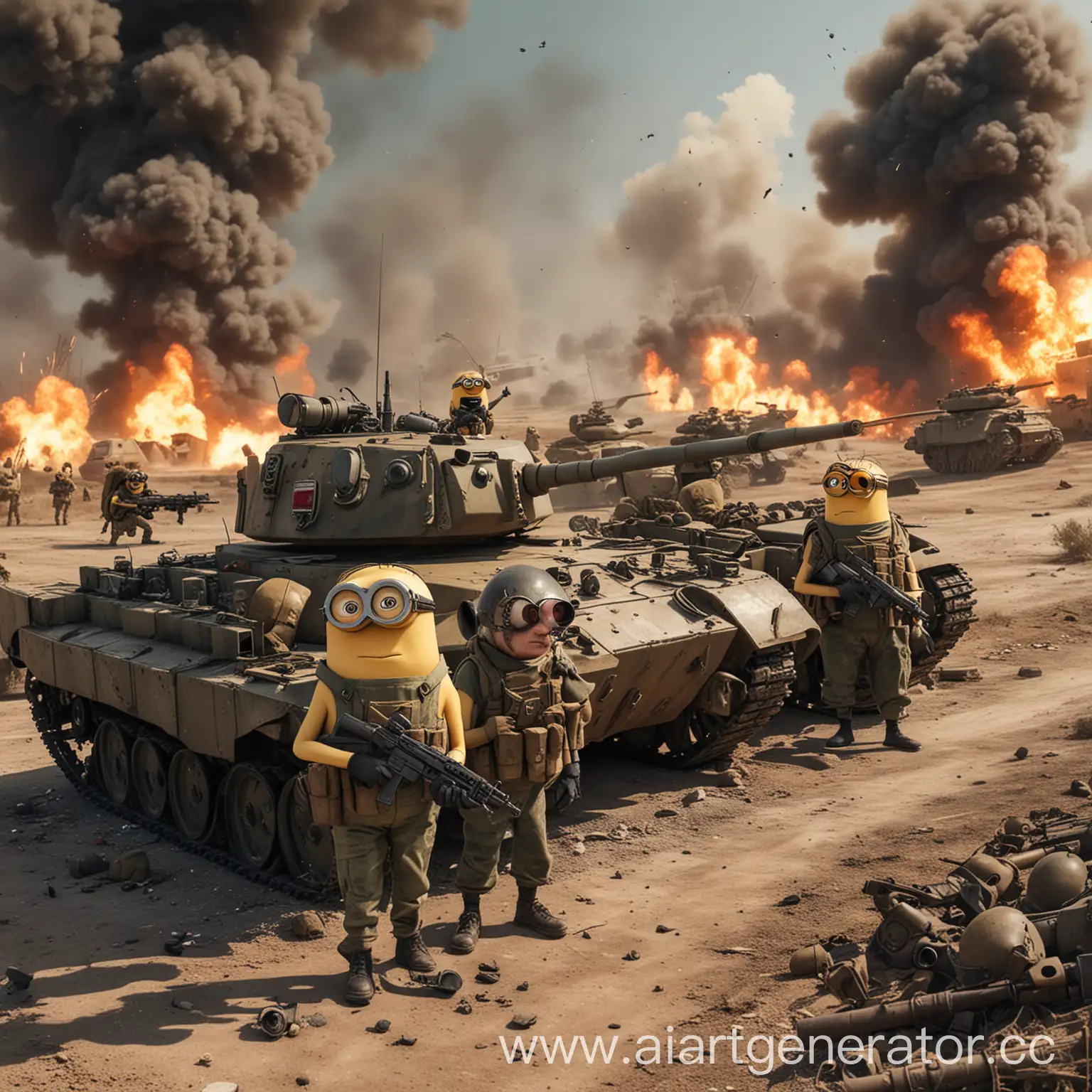 Миньёны с автоматами в армейской одежде рядом с танком рядом взрывы