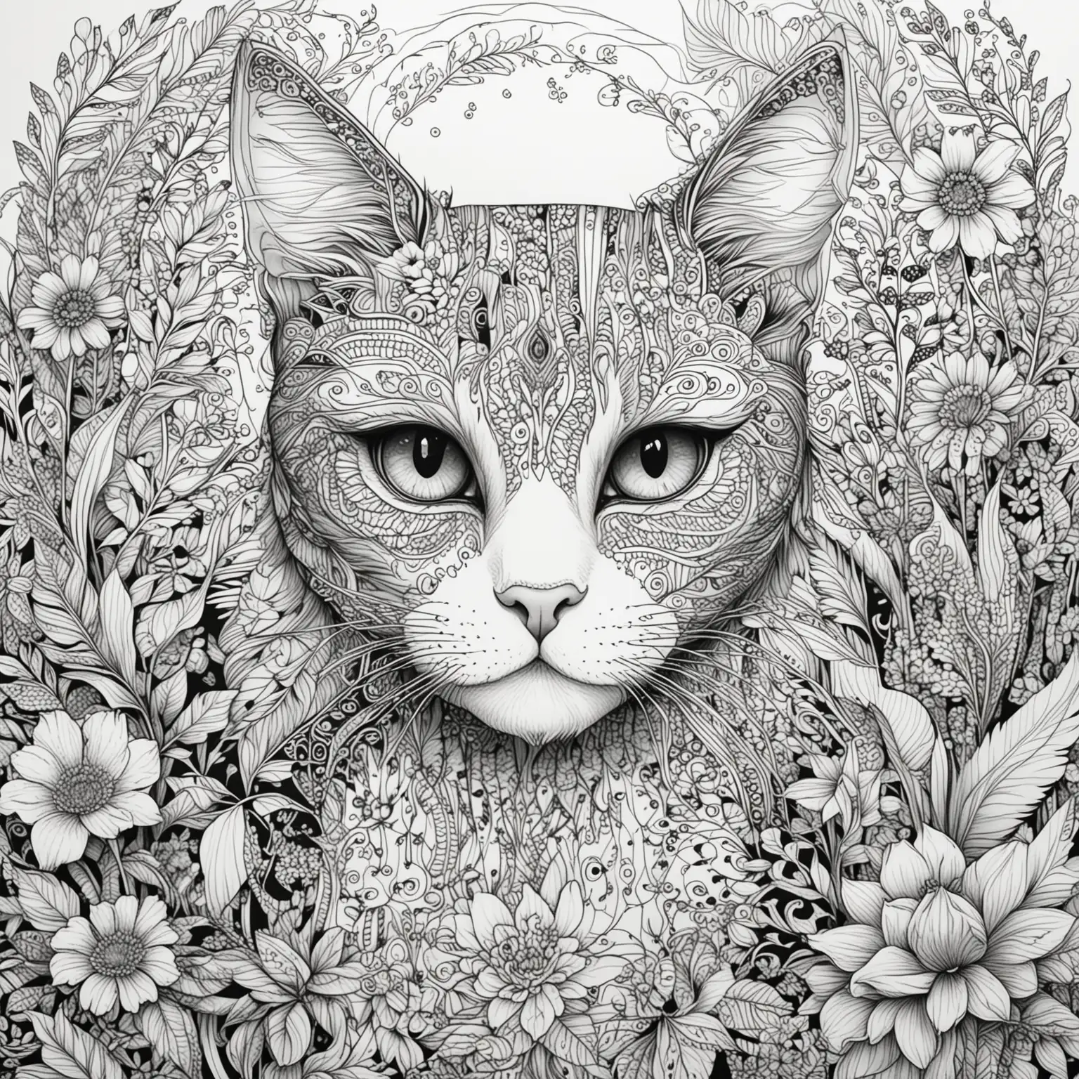 black and white adult colouring page, cat, zentangle art, floral ambiance, 2d front view, clean line art, clear line art, print quality, white background, hd