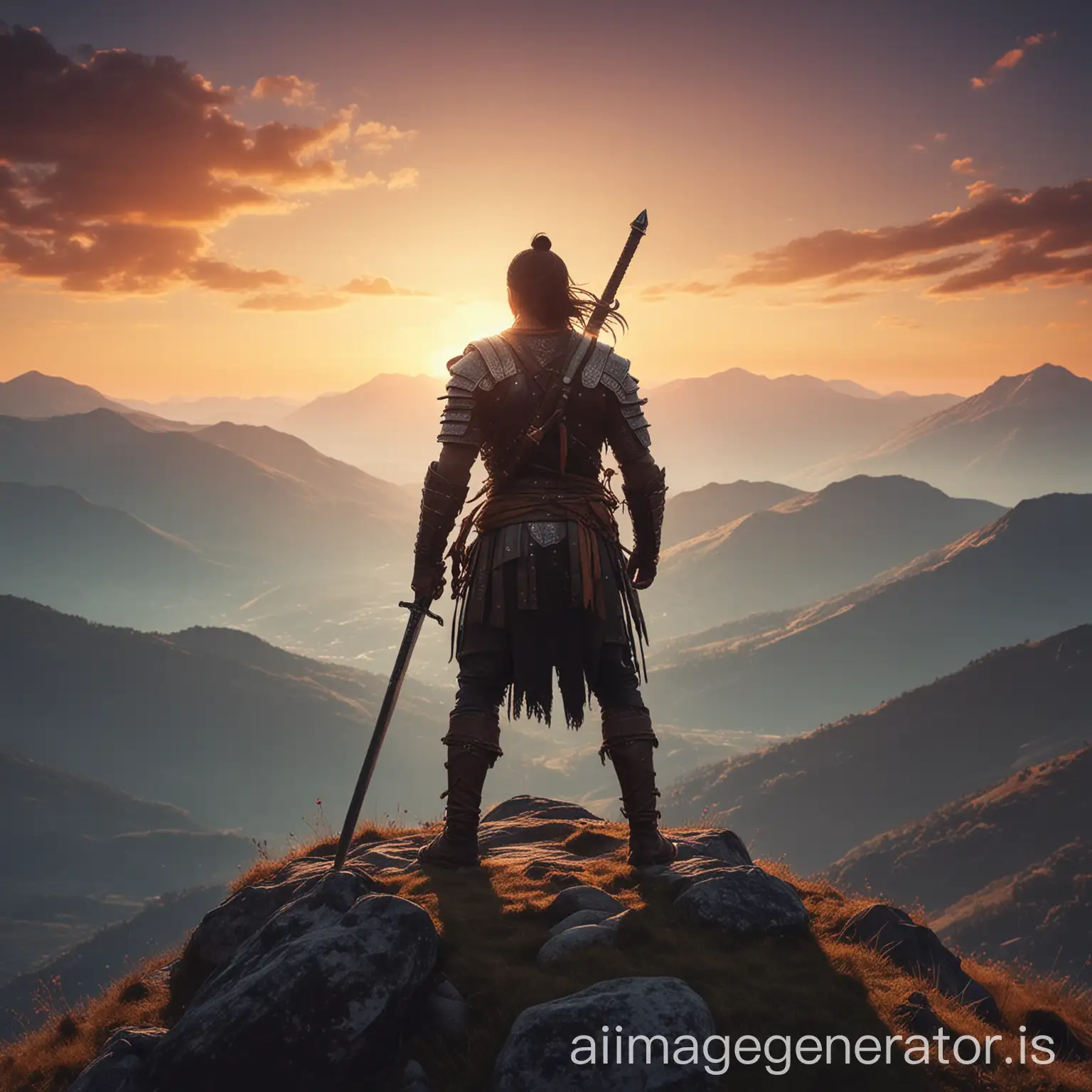 warrior with a sword on the mountain, sunset