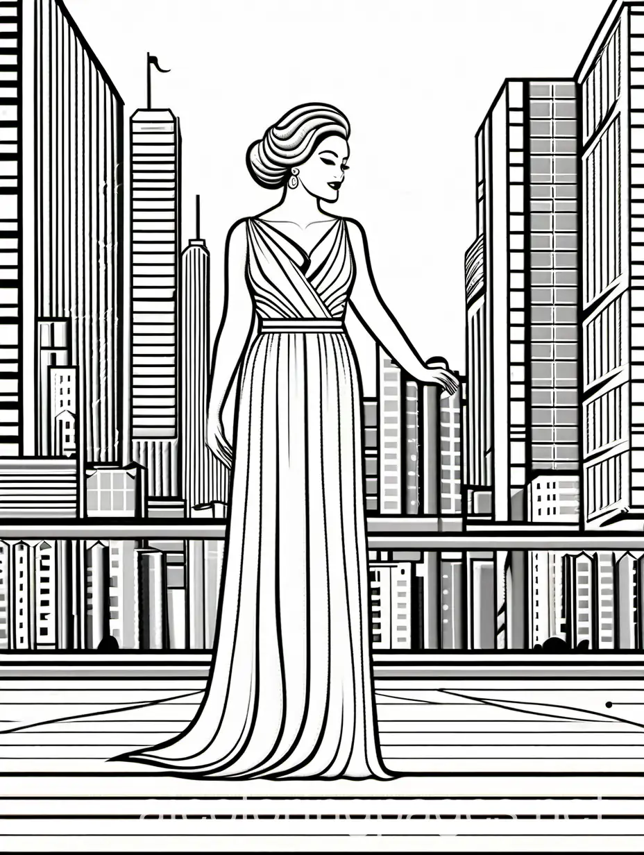 Depict a mother styled as diva / movie star. The scene is set in the city most picturesque sceneries. blending elements of sophistication and glamorous life alike to best movies scenes with the nurturing spirit of motherhood. , Coloring Page, black and white, line art, white background, Simplicity, Ample White Space.