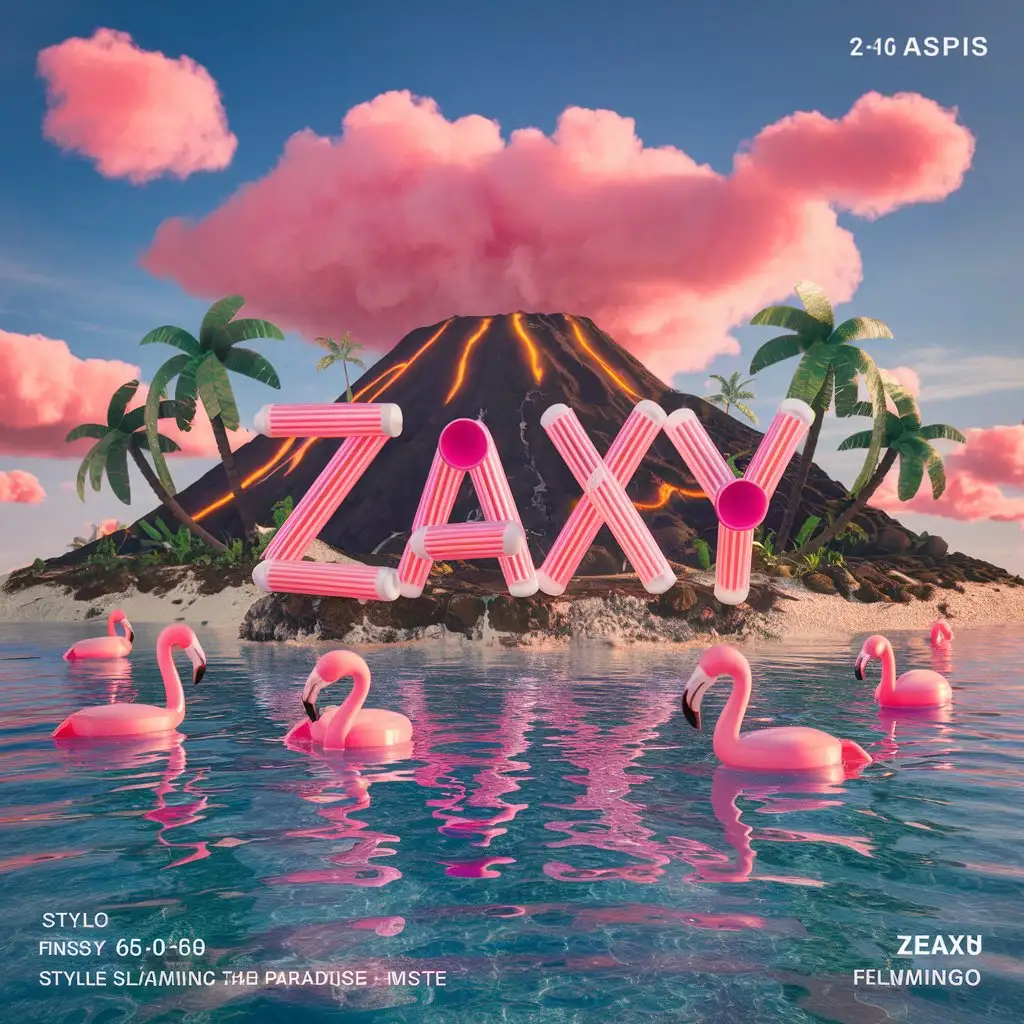 "Zaxy" text made by pink fluffy, on air, On a volcanic island with palm trees and flamingo tubes floating in the water during And with a treasure the day, studio light, 3d render --ar 16:9 --s 50 --v 6.0 --style raw