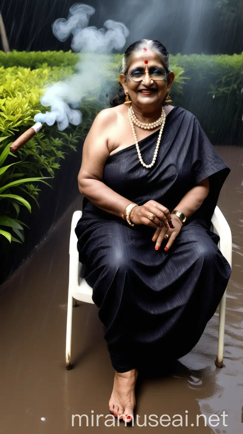
a indian mature  fat woman having big stomach age 57 years old attractive looks with make up on face ,binding her high volume hairs, Gajra Bun Hairstyle. wearing metal anklet on feet and high heels, smoking a cigar  in her hand  and a lighter , smoke is coming out from cigar  . she is happy and smiling. she is wearing pearl neck lace in her neck , earrings in ears, a gold spectacles on eye with chain holder  and wearing  only a  white bath towel on her body. she is standing  in a luxurious garden and enjoying the rain  ,  three black cats are siting in that car  and its night time . its raining very heavy .