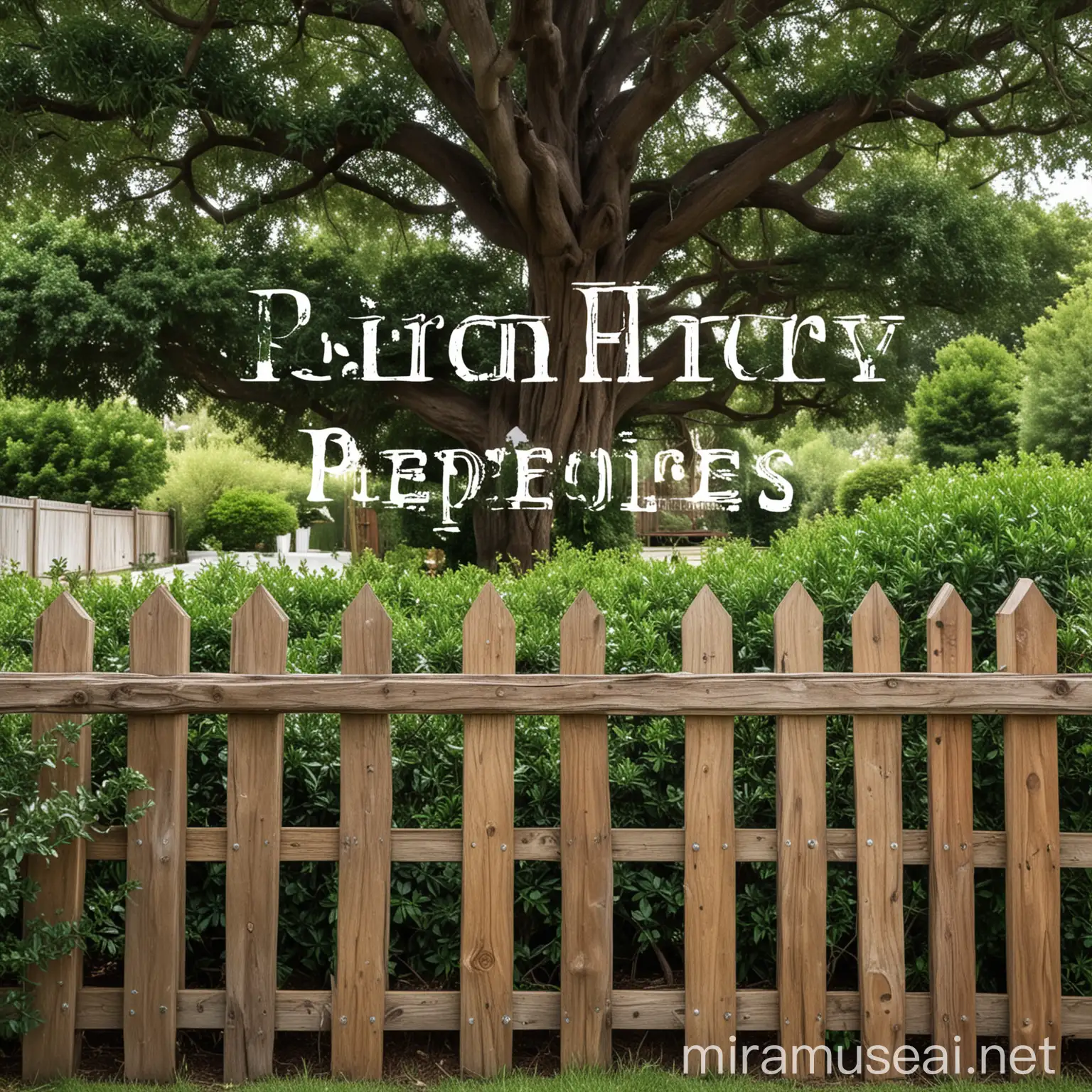 Please create a logo using a wooden fence in the foreground, green bushes in front, and a large tree behind the fence. The colors of the logo should be green and white. The text should read "Periphery Properties House".