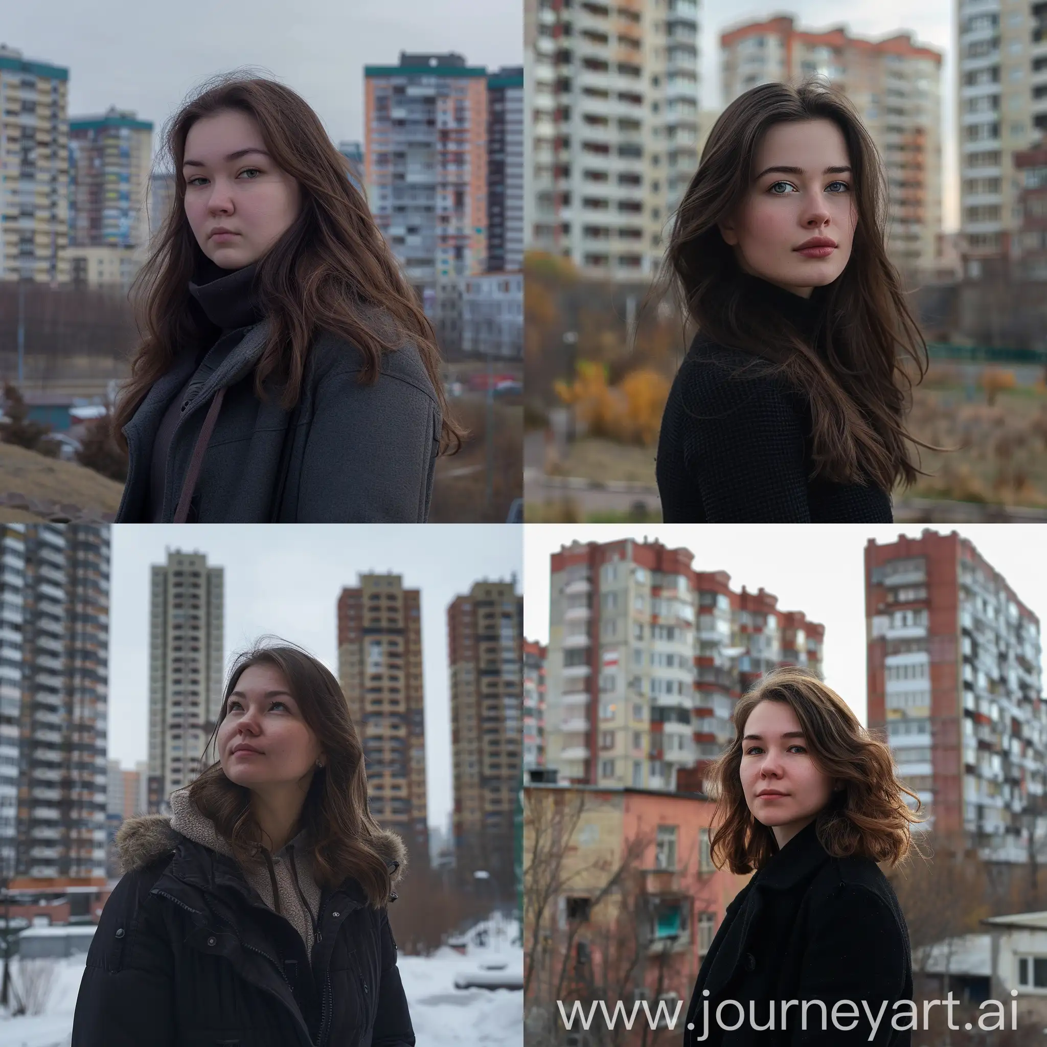realistic, 4k, фото девушки 38 лет, на фоне жилых домов в России, в омске, брюнетка, Русская, немного пухленькая.