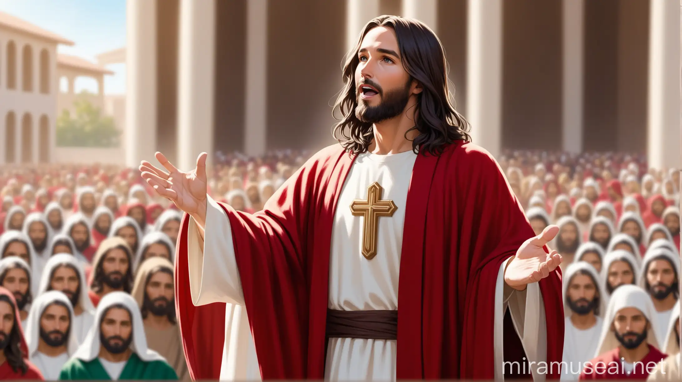 Sigma Jesus Christ speaking to the public, focus on Jesus, very detailed, he's wearing a red robe