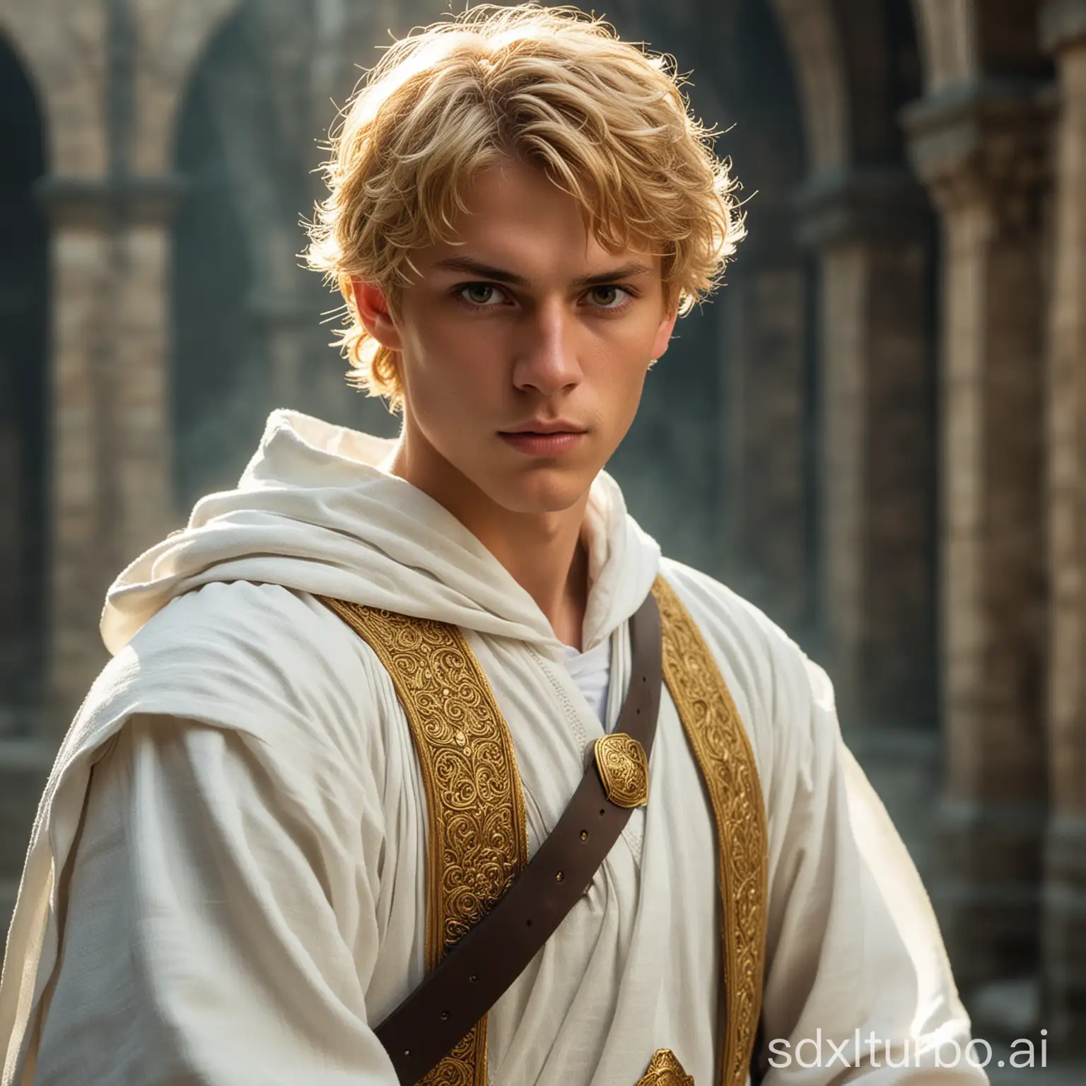 A medieval male youth swordsman with golden eyes, golden short hair, and dressed in a white robe.