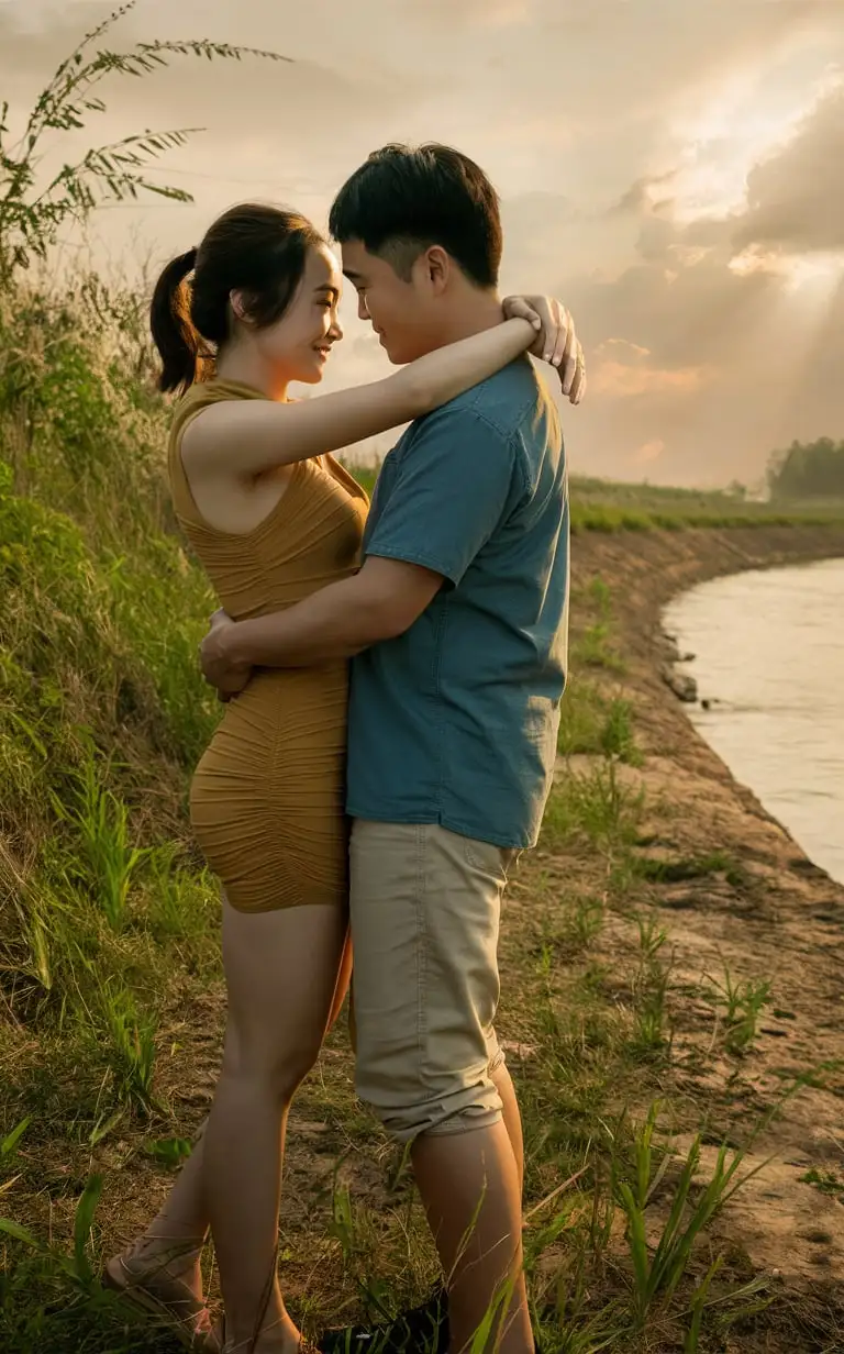 Couple-Embracing-by-the-River-at-Dusk-in-Summer