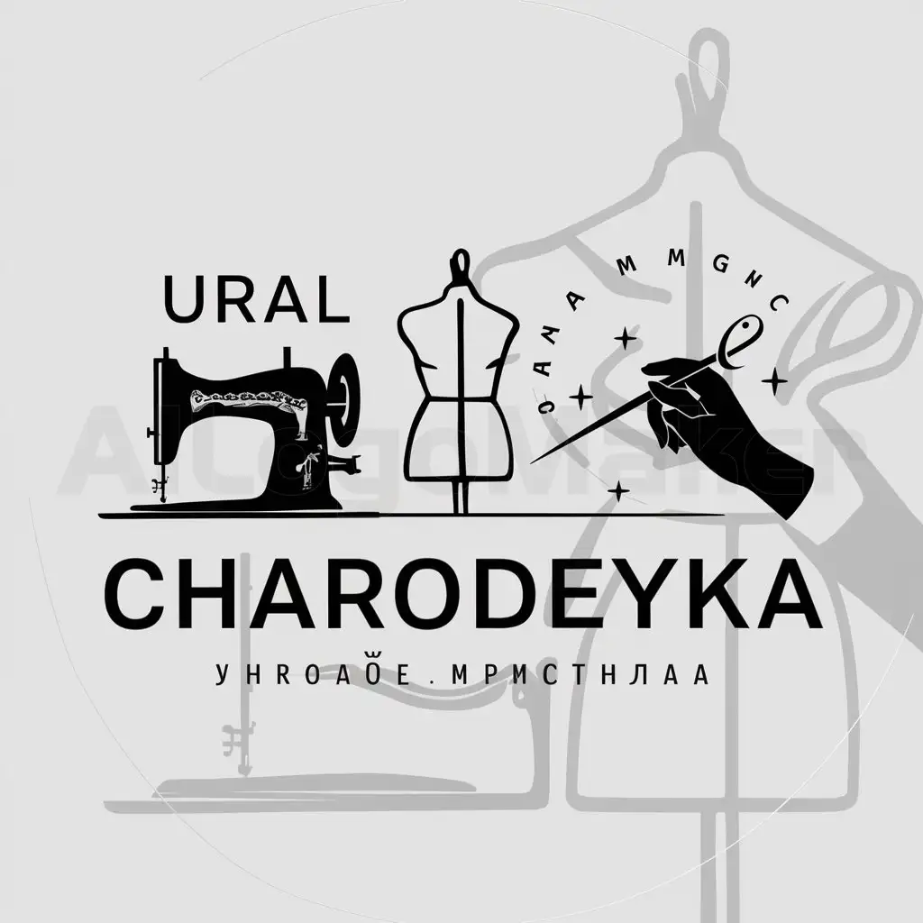 a logo design,with the text "Ural Charodeyka", main symbol:sewing machine, mannequin, hand holding needle like a magic wand,Moderate,be used in Others industry,clear background