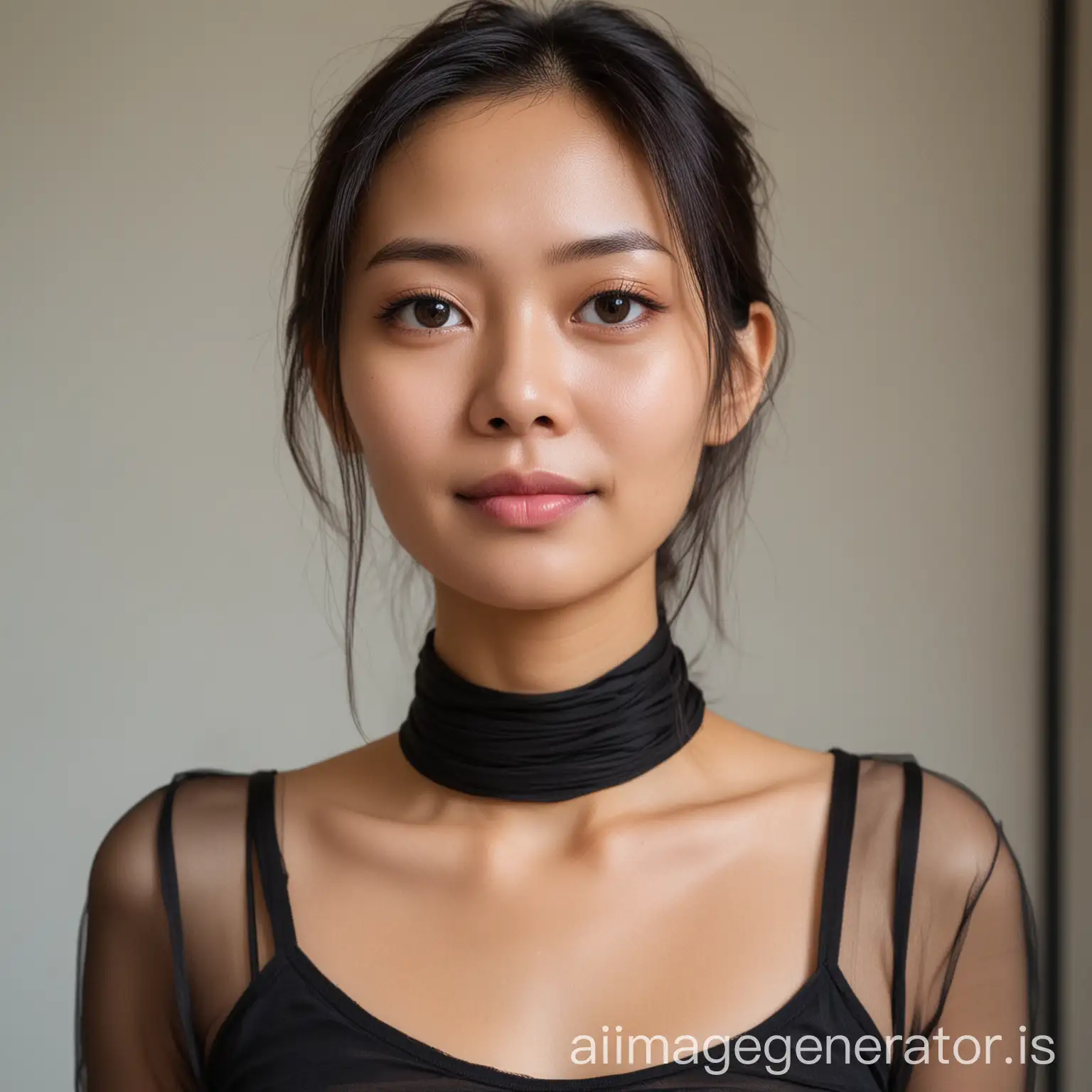 face of a beautiful skinny 30 year old thai female professor with kind soulful loving eyes with pantyhose tied tightly around her neck.