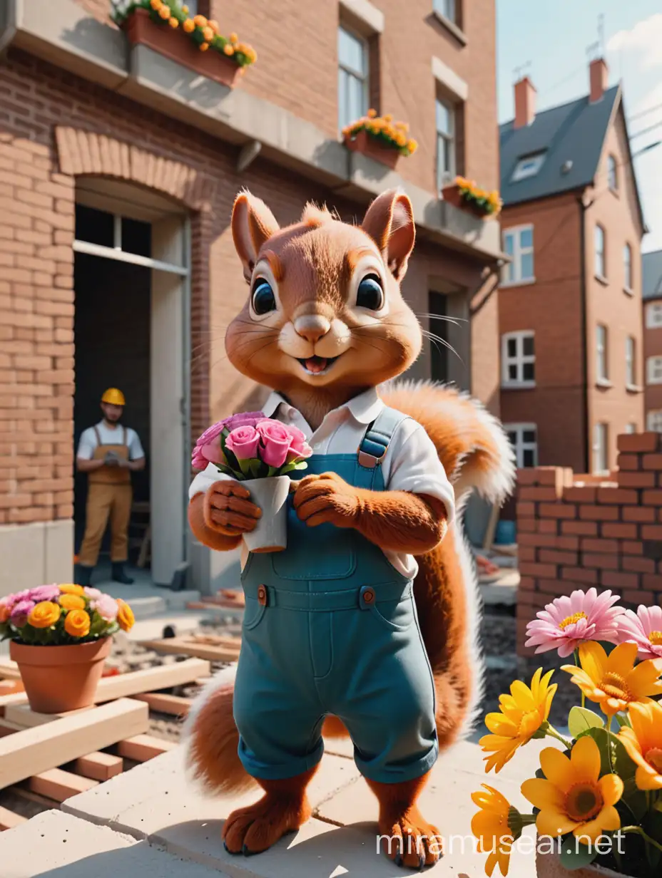 an anthropomorphic squirrel men bricklayer, construction in the background, flowers in hand, cinematic