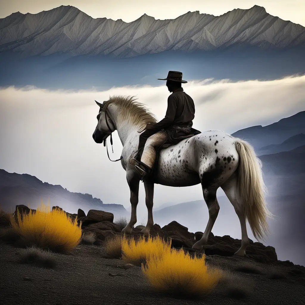 Climb the 'Mountains of Mystery' with the great mustang horse where peaks shrouded in white mists hide secrets, and pure yellow echoes call to those brave enough to discover the truth