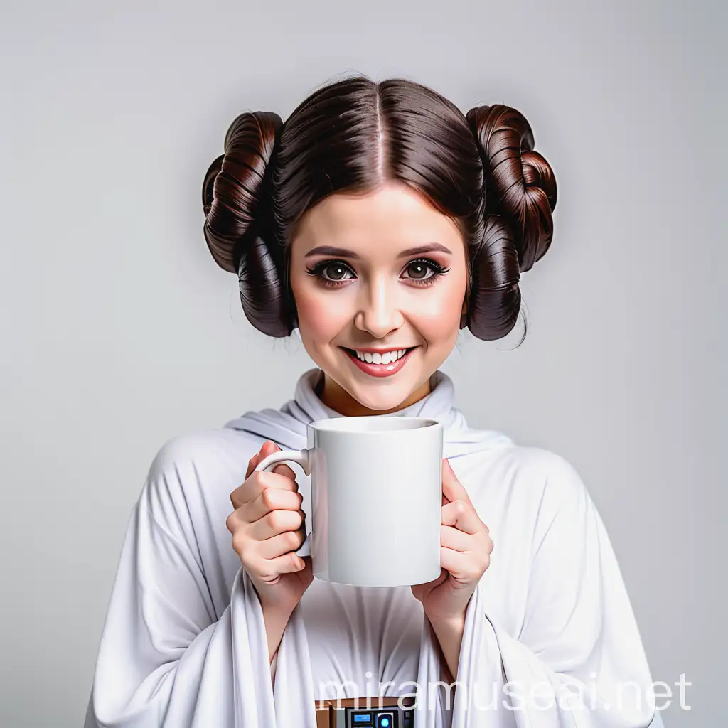 Smiling Princess Leia Cosplayer with White Mug on Clean Background