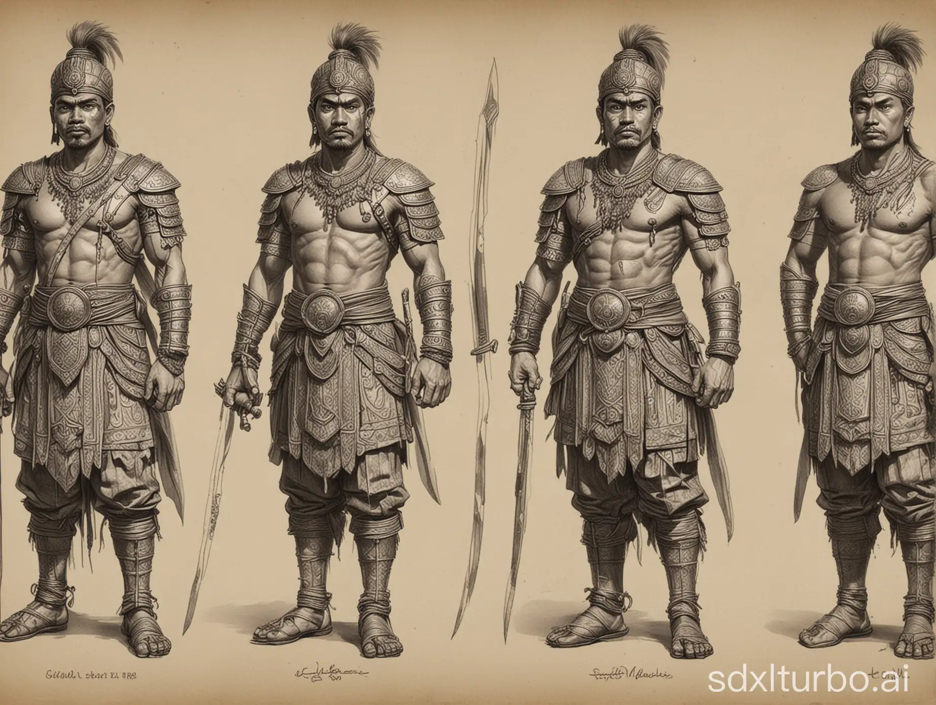 Model-Sheet-of-Diverse-Javanese-Warriors-Depicting-Traditional-Attire-and-Weapons