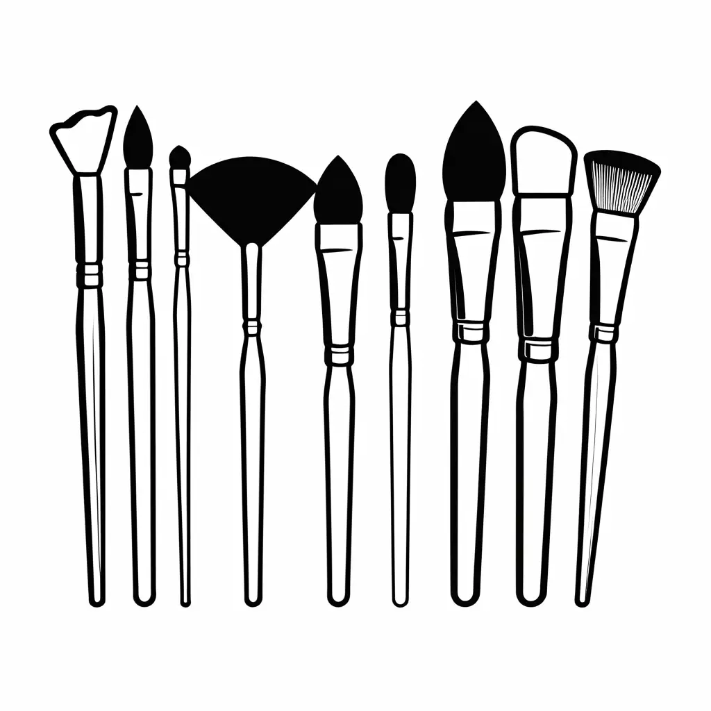 Create a simple, black-and-white line drawing of a makeup brush for a children's coloring page. The brush should have a long, straight handle with a slightly rounded base. The bristles should be soft and fan out gently at the top. Ensure the lines are bold and clean, suitable for young children to color within. The overall design should be simple and easy to understand, Coloring Page, black and white, line art, white background, Simplicity, Ample White Space.