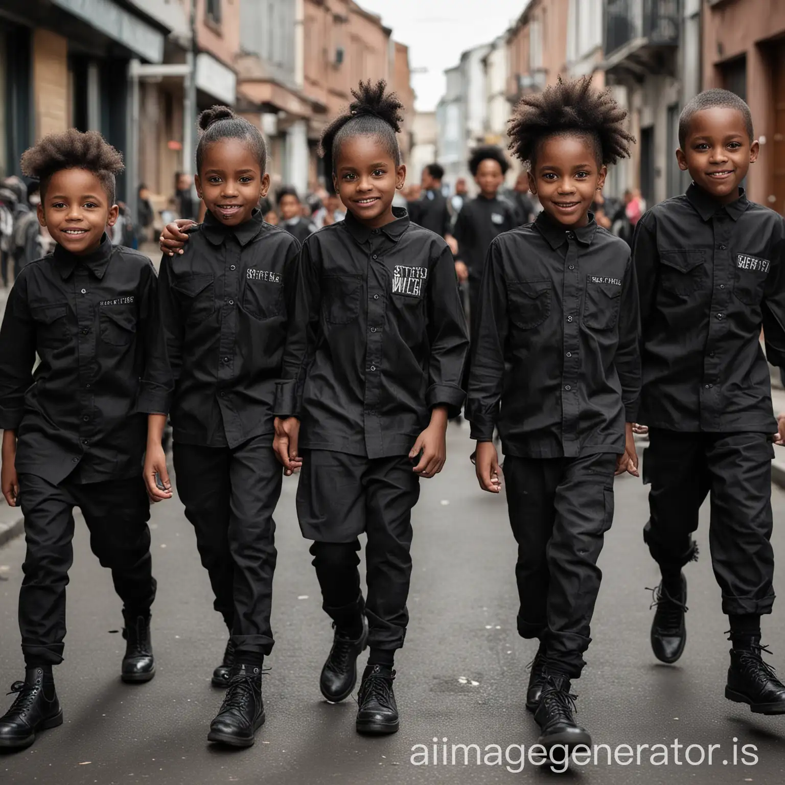 an image of steet kids becoming successful after being empowered. make children black. dressed well and performing in different things