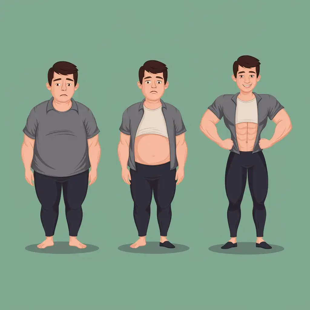 Три картинки, которые иллюстрируют этапы похудения парня. На первой картинке он полный, на второй картинке немного похудел и третьей картинке он худой и накаченный